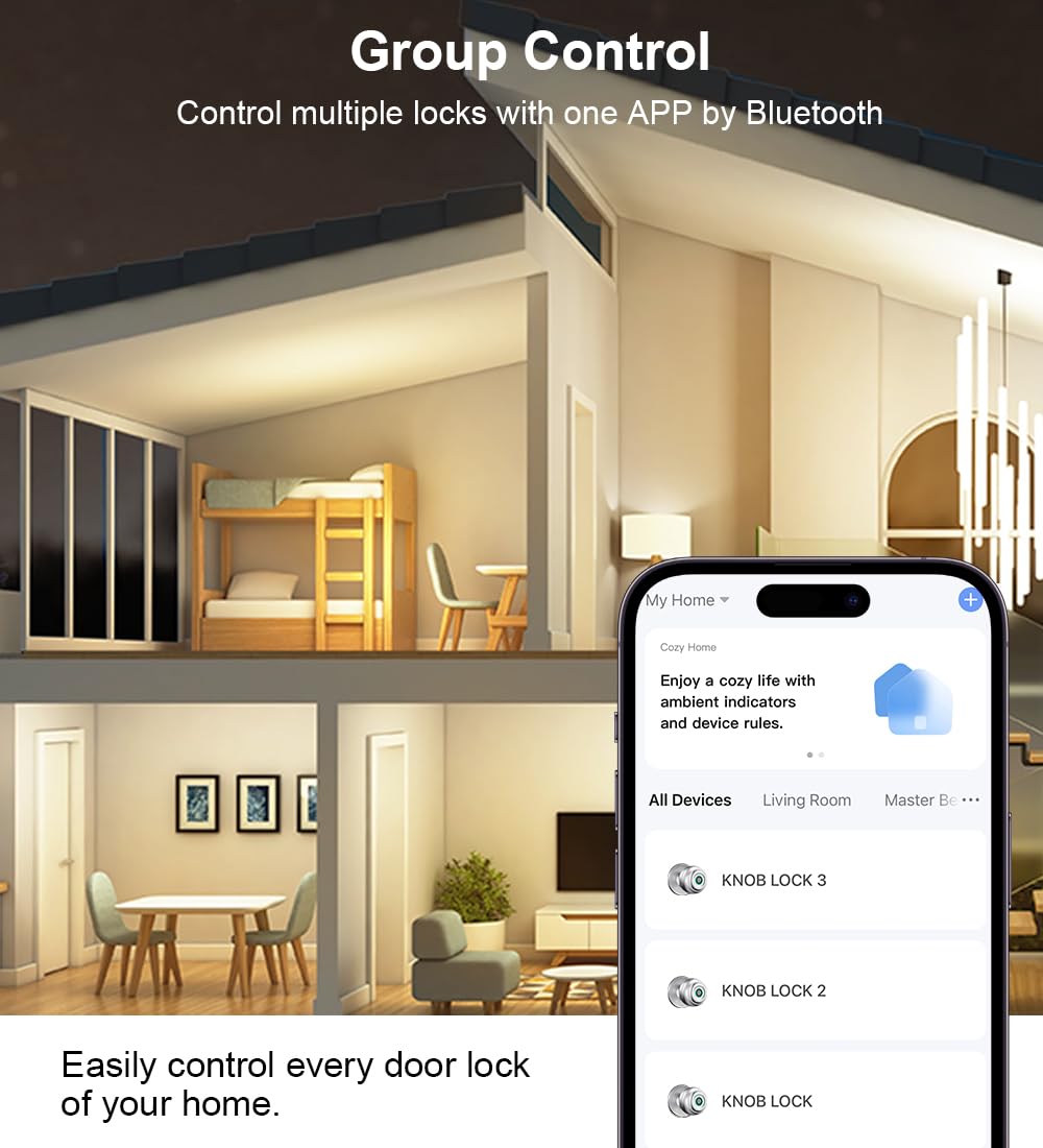 KLLOQUE Fingerprint Door Lock, Smart Fingerprint Door Knob with Lock, Biometric Door Locks with App Control & Key, Keyless Thumbprint Entry Door Locks for Bedroom, Front Door, Home, Apartment-Silver