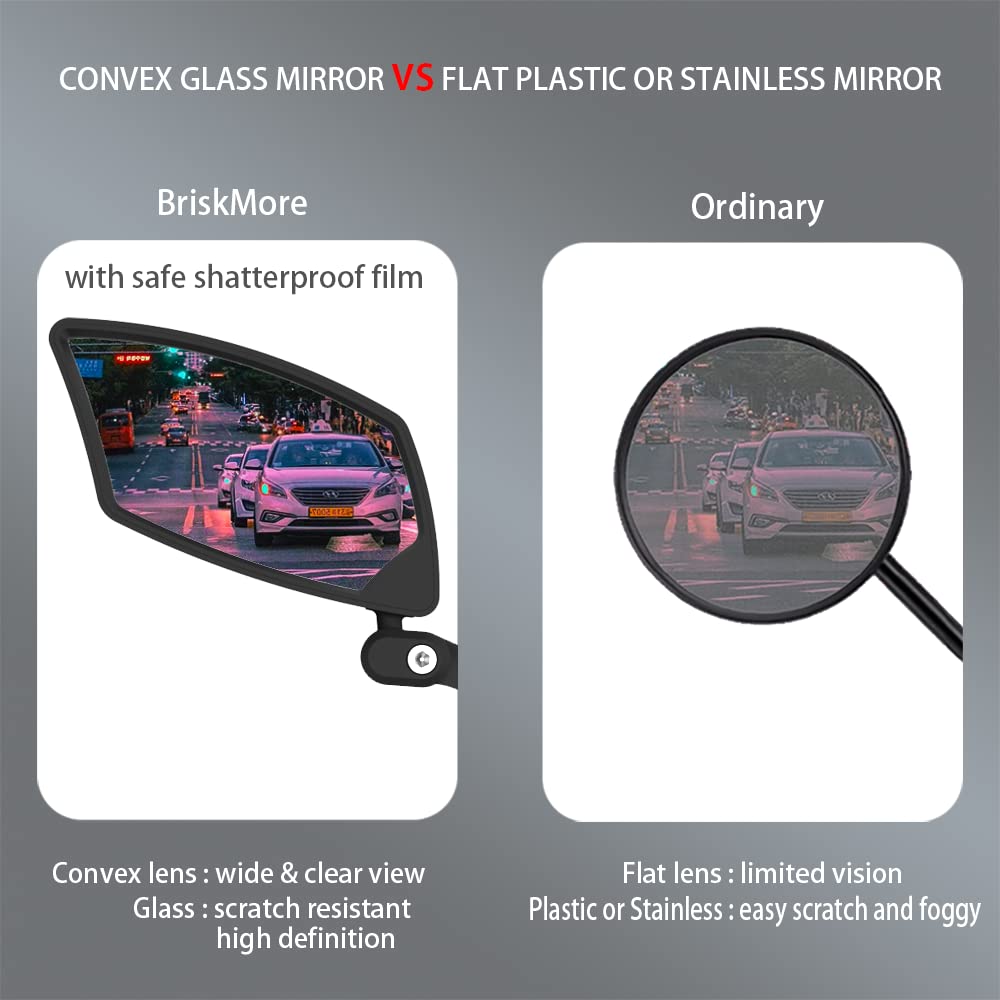 BriskMore Handlebar Bike Mirror, Scratch Resistant Glass Lens, Ajustable And Rotatable Safe Rearview Bicycle Mirror for Left Side BT-016L