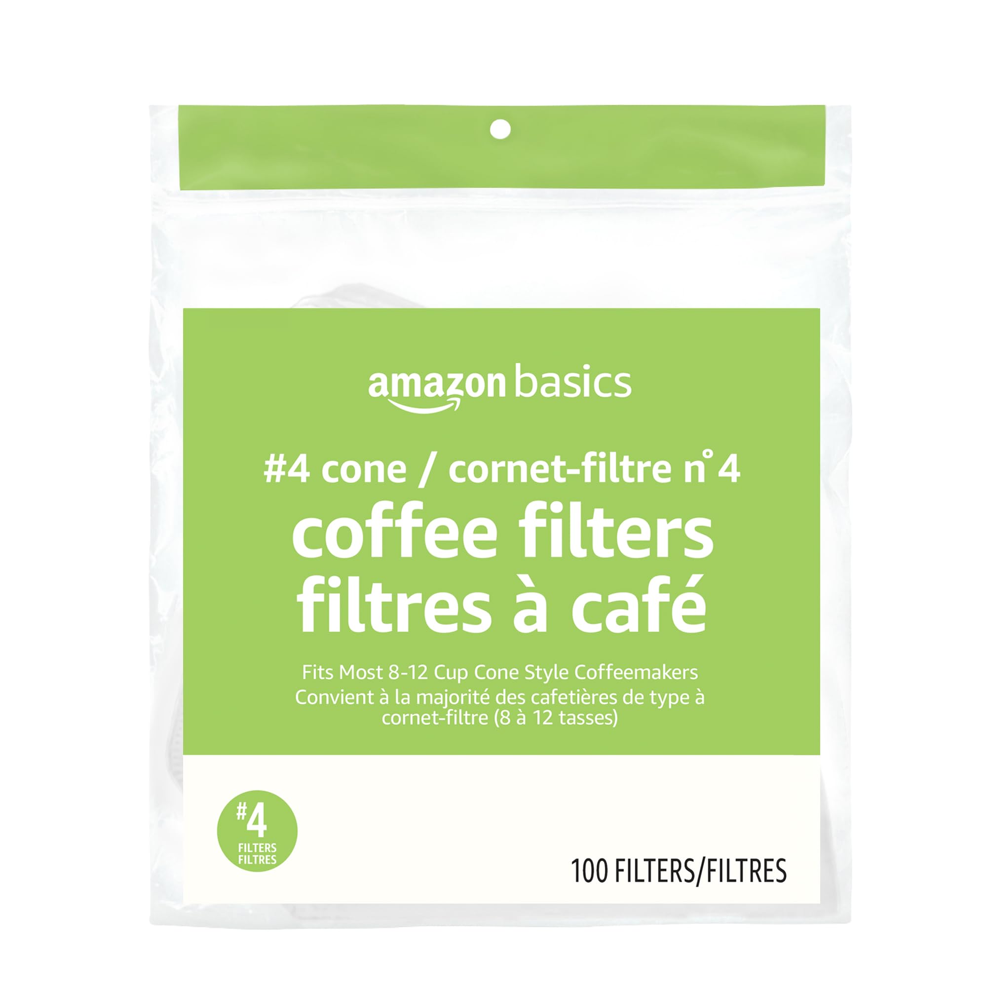 Basics Number 4 Cone Coffee Filters for 8-12 Cup Coffee Makers, White, 100 Count
