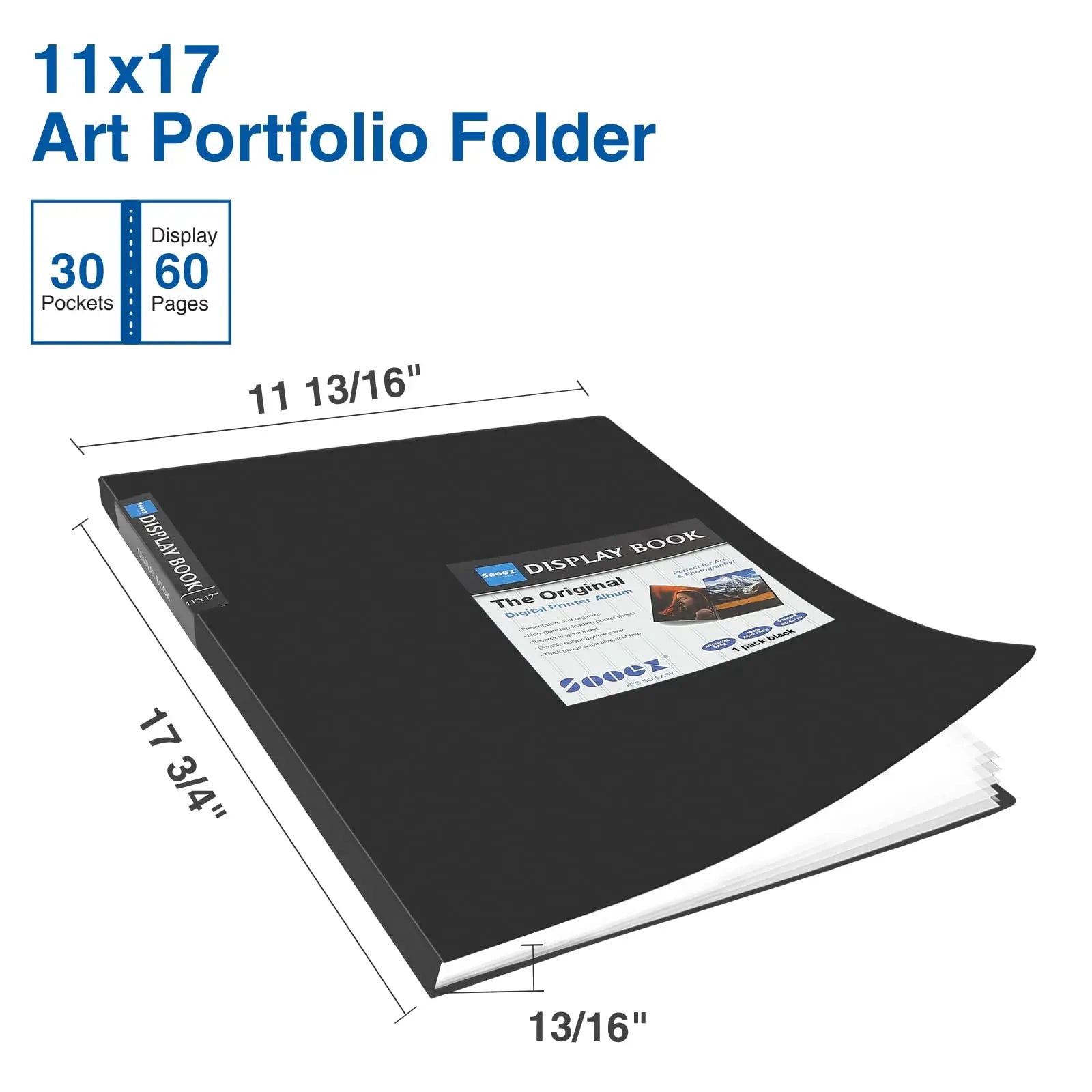 Sooez Art Portfolios 11"x17", Large Portfolio Folder with 30 Pockets & Black Inner Sheets, Display 60 Pages, 11 x 17 Presentation Book