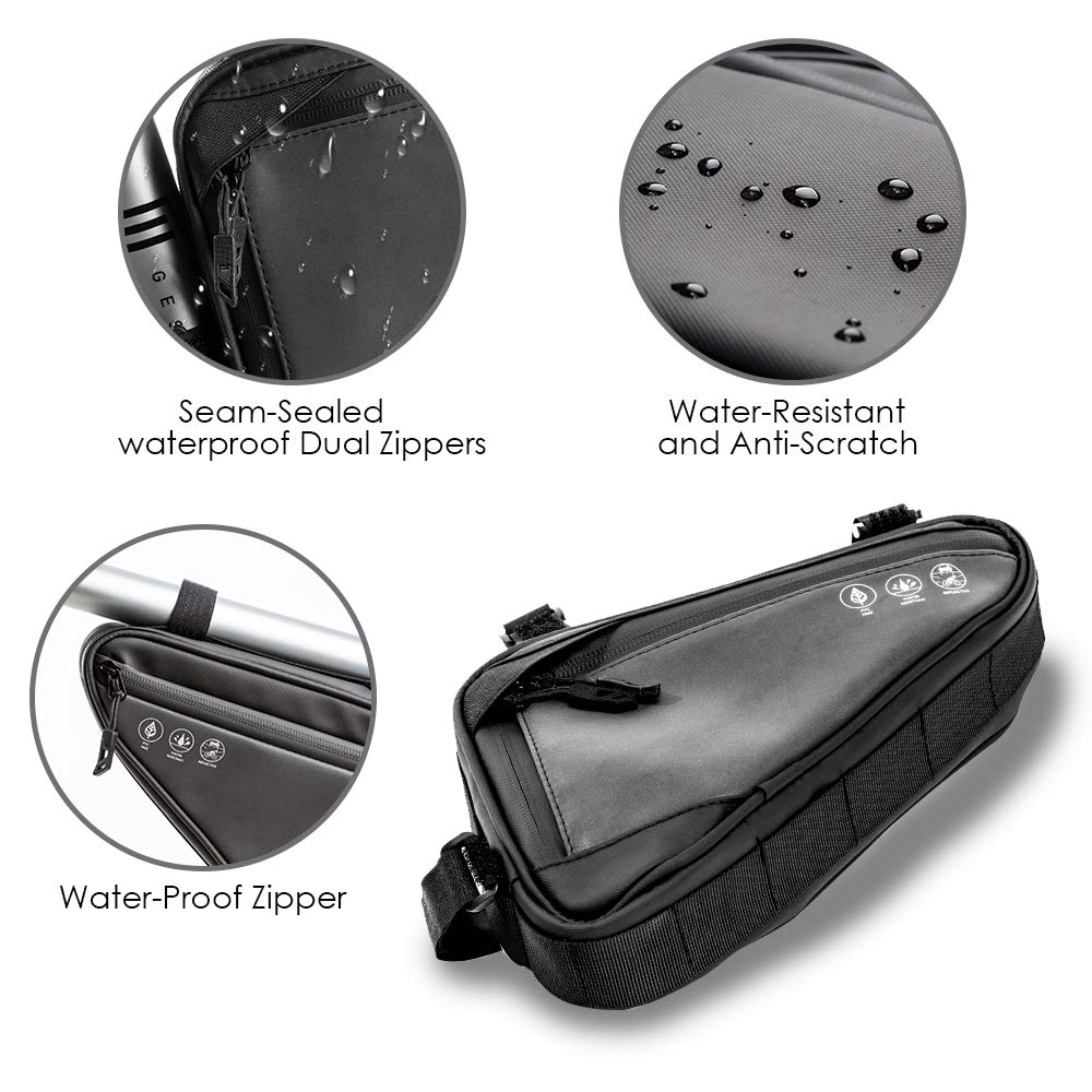WOTOW Bike Frame Storage Bag, Water Resistant Reflective Bicycle Triangle Bag with Two Side Pockets, Strap-On Under Seat Tool Accessories Pouch for Mountain Road Bike Trip (2L)