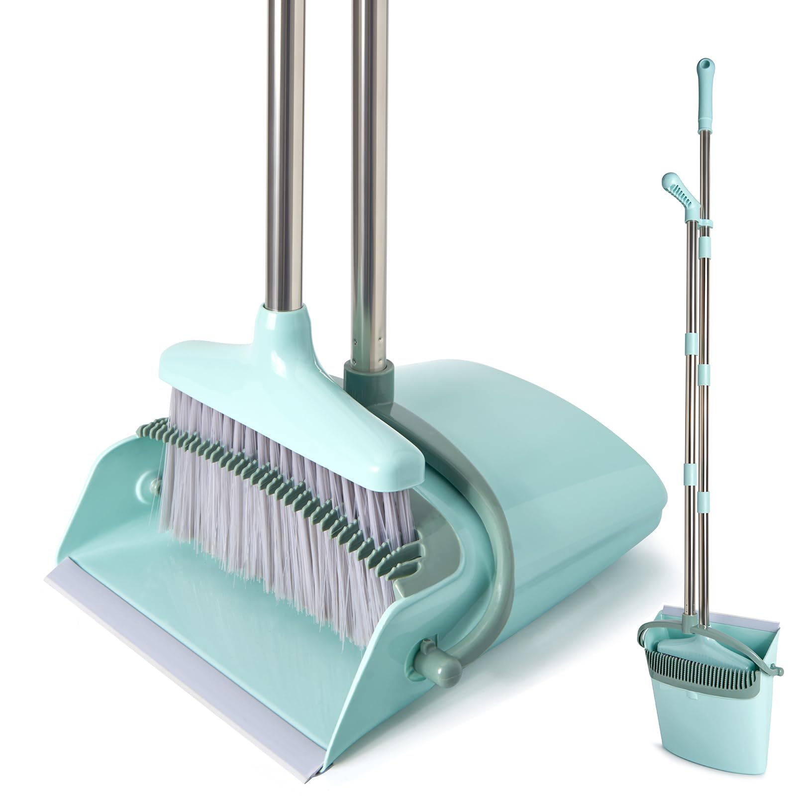 XXXFLOWER Broom and Dustpan Set with Cleaning Teeth, 55" Long Handle Indoor Sweeping Combo for Home Office Kitchen, Bluish Green