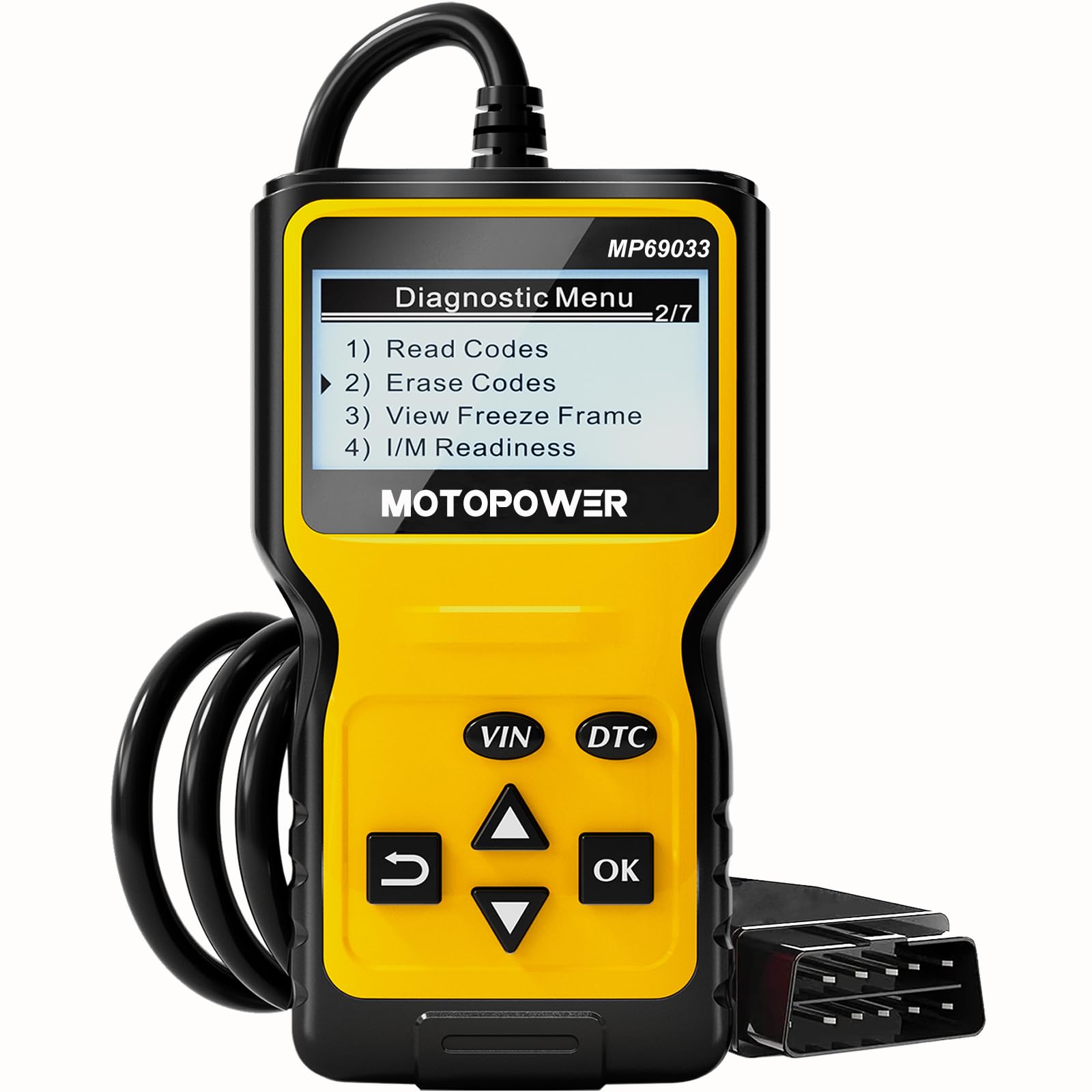 MOTOPOWER MP69033 قارئ كود ماسح ضوئي OBD2 للسيارة، أداة مسح ضوئي تشخيصي CAN لفحص أعطال محرك السيارة لجميع سيارات بروتوكول OBD II منذ عام 1996، أصفر