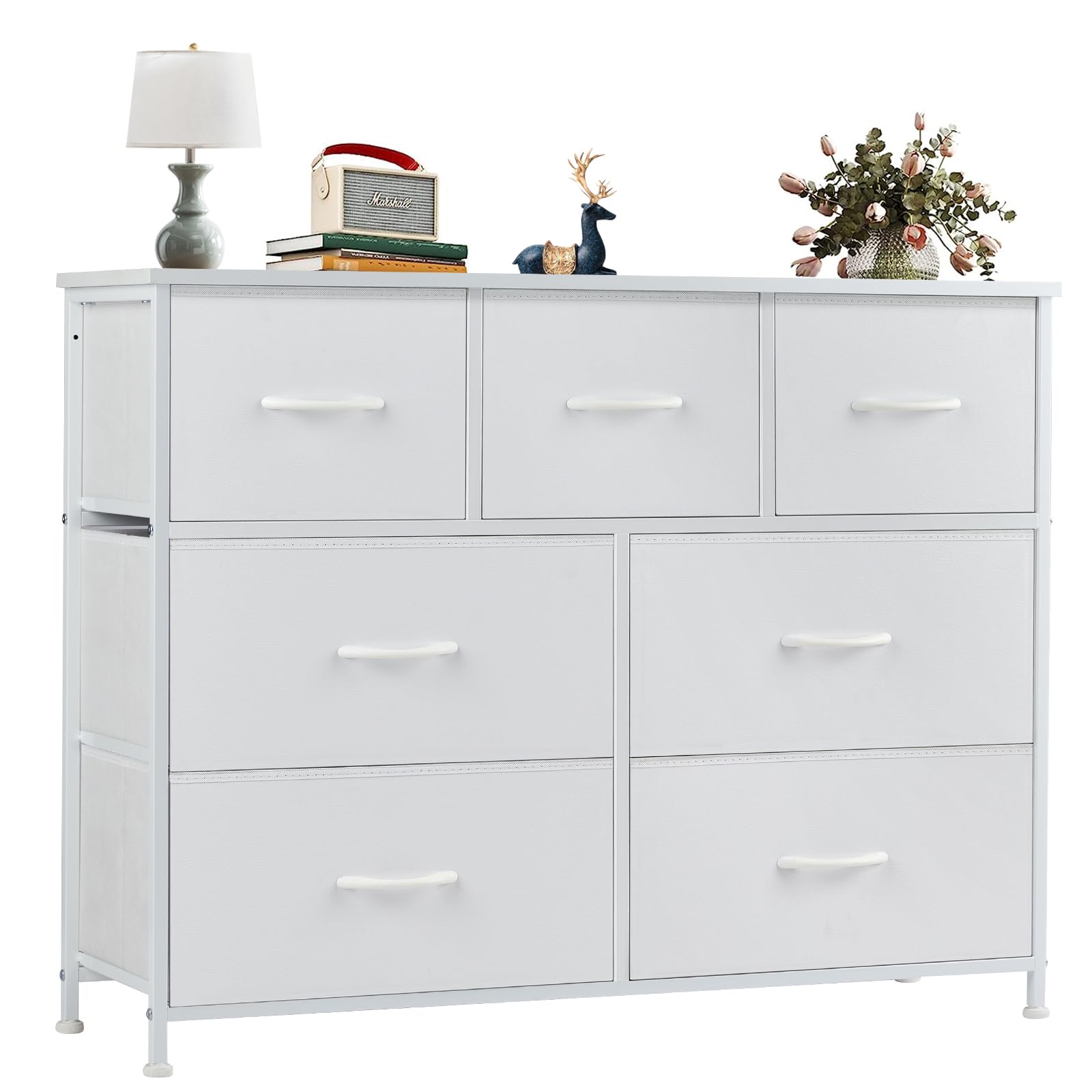 OLIXIS Dresser for Bedroom, 7 Storage Drawers, Wide Fabric Closet Chests Organizer Tower Furniture, TV Stand with Wooden Top Metal Frame for Clothes, Living Room, Hallway, Entryway, Classic White