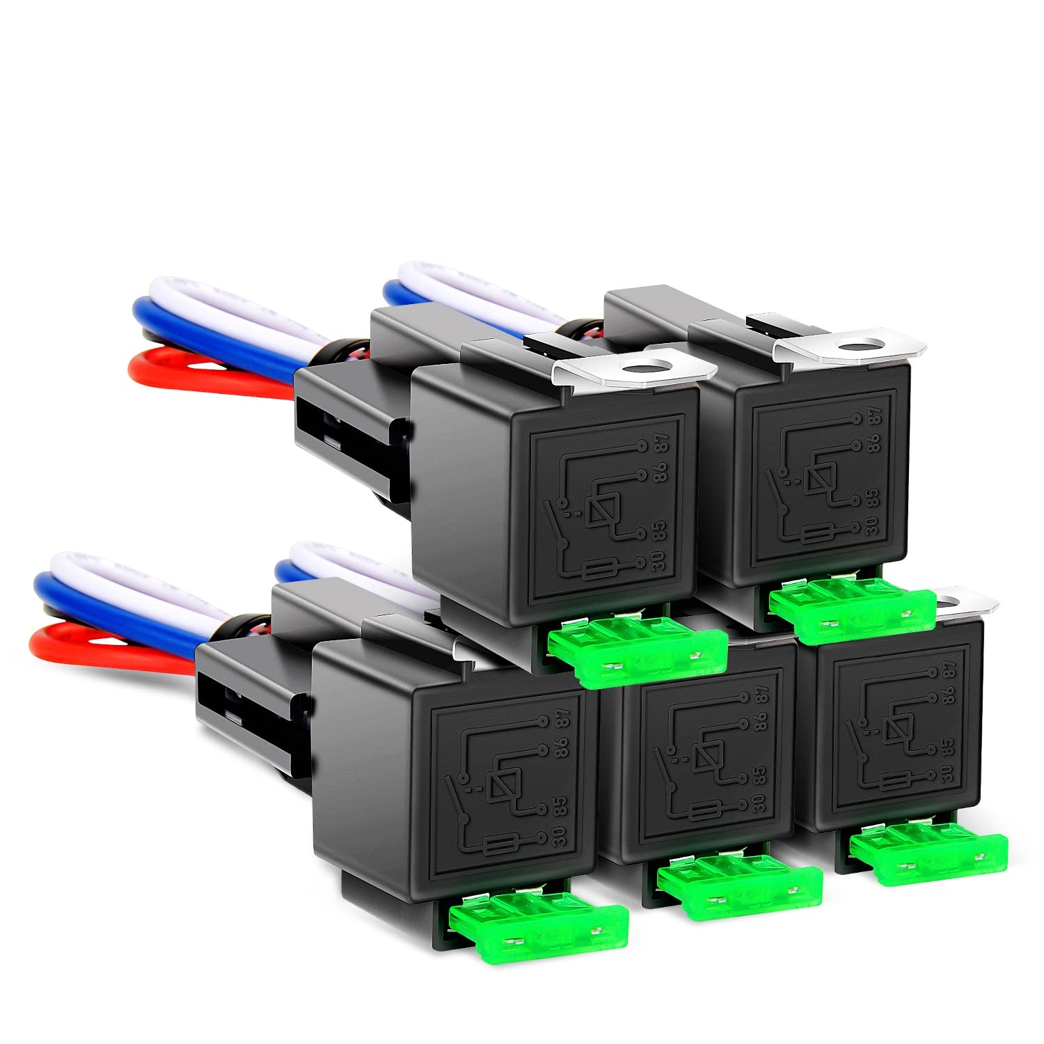 Nilight 50023R 5 Pack 30A Fused Relay Switch Kit 12V 4 Pin SPST Relay Interlocking Harness Socket Holder 30 Amp 12 Volt Automotive Relays with Fuse for Auto Cars Trucks RV