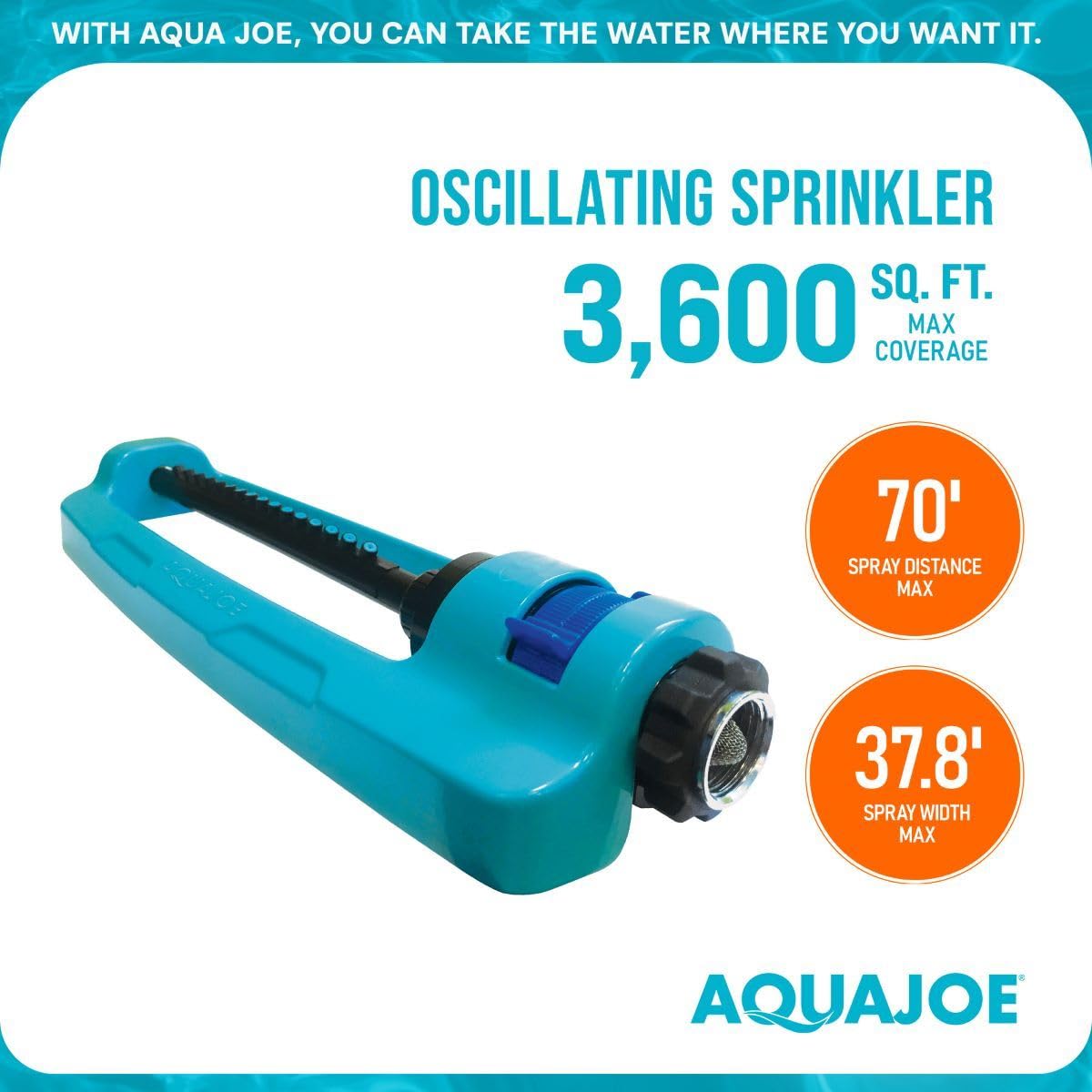 Aqua Joe SJI-OMS16 Indestructible Oscillating Sprinkler with Adjustable Spray and Metal Base, 3600 Sq. Ft. Coverage Max, 70-Foot Spray Distance Max, and 37.8-Foot Spray Width Max