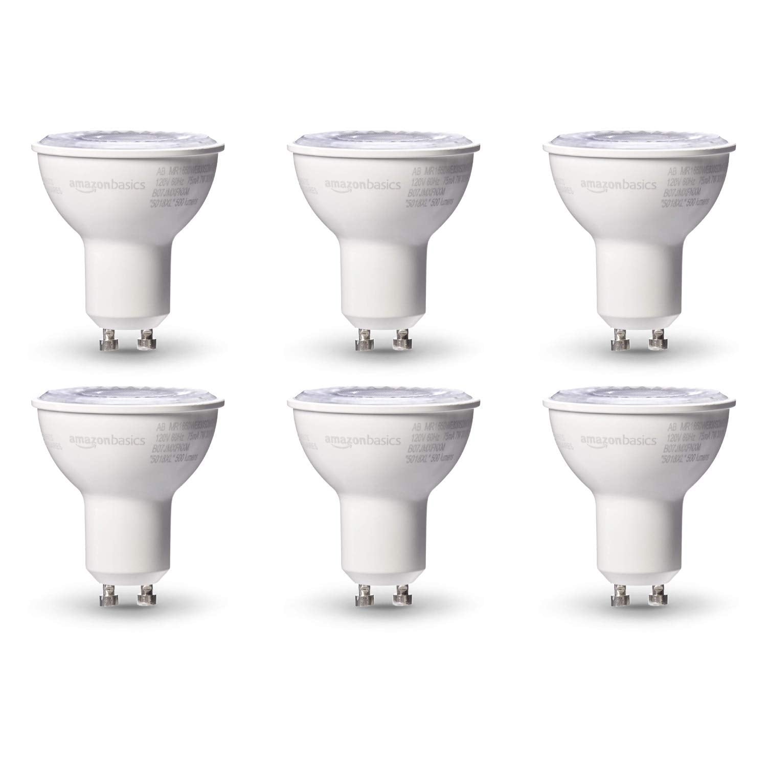 Basics MR16 LED Light Bulb, 50 Watt Equivalent, Energy Efficient 7W, GU10 Base, Warm White 3000K, Dimmable, 10,000 Hour Lifetime , 6-Pack