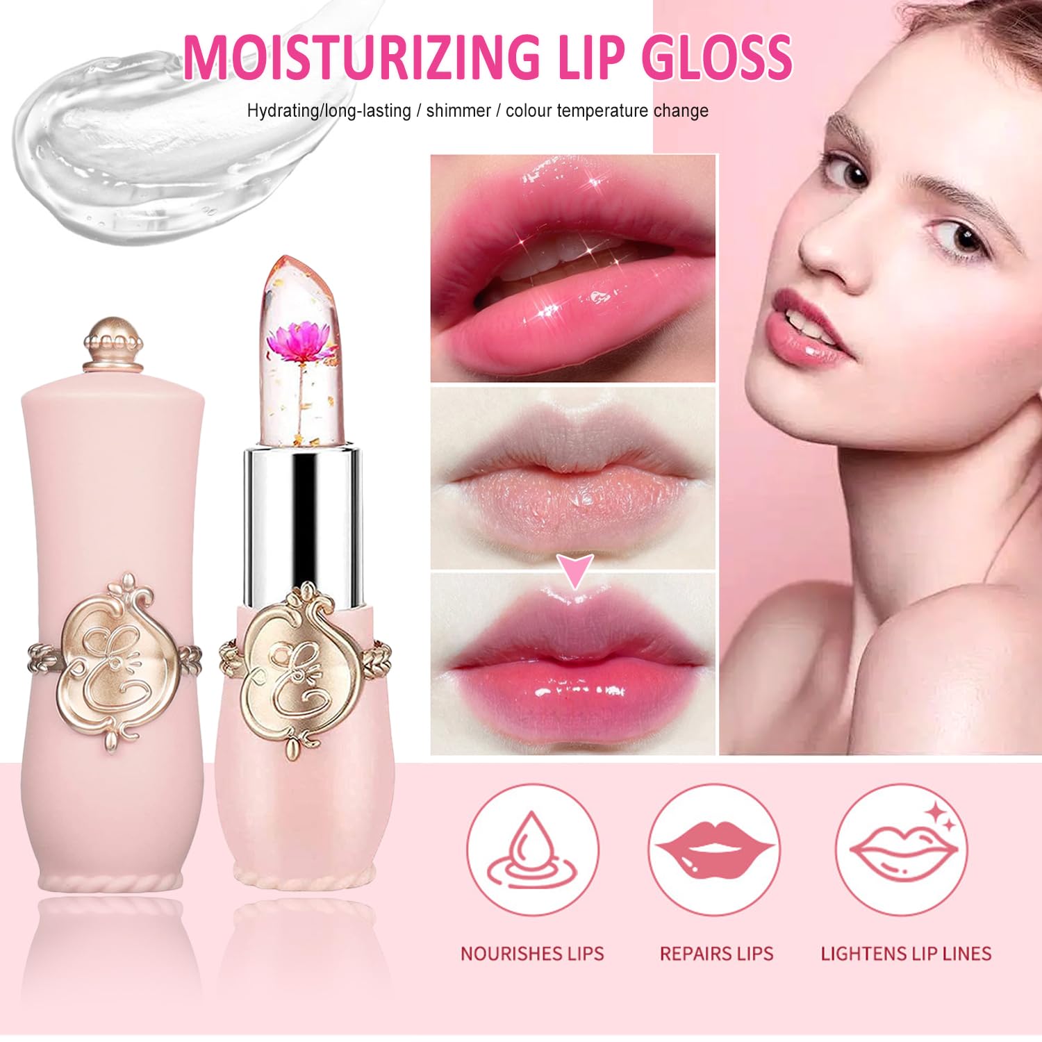 firstfly Pack of 6 Crystal Flower Jelly Lipstick, Long Lasting Nutritious Lip Balm Lips Moisturizer Magic Temperature Color Change Lip Gloss (Pink)