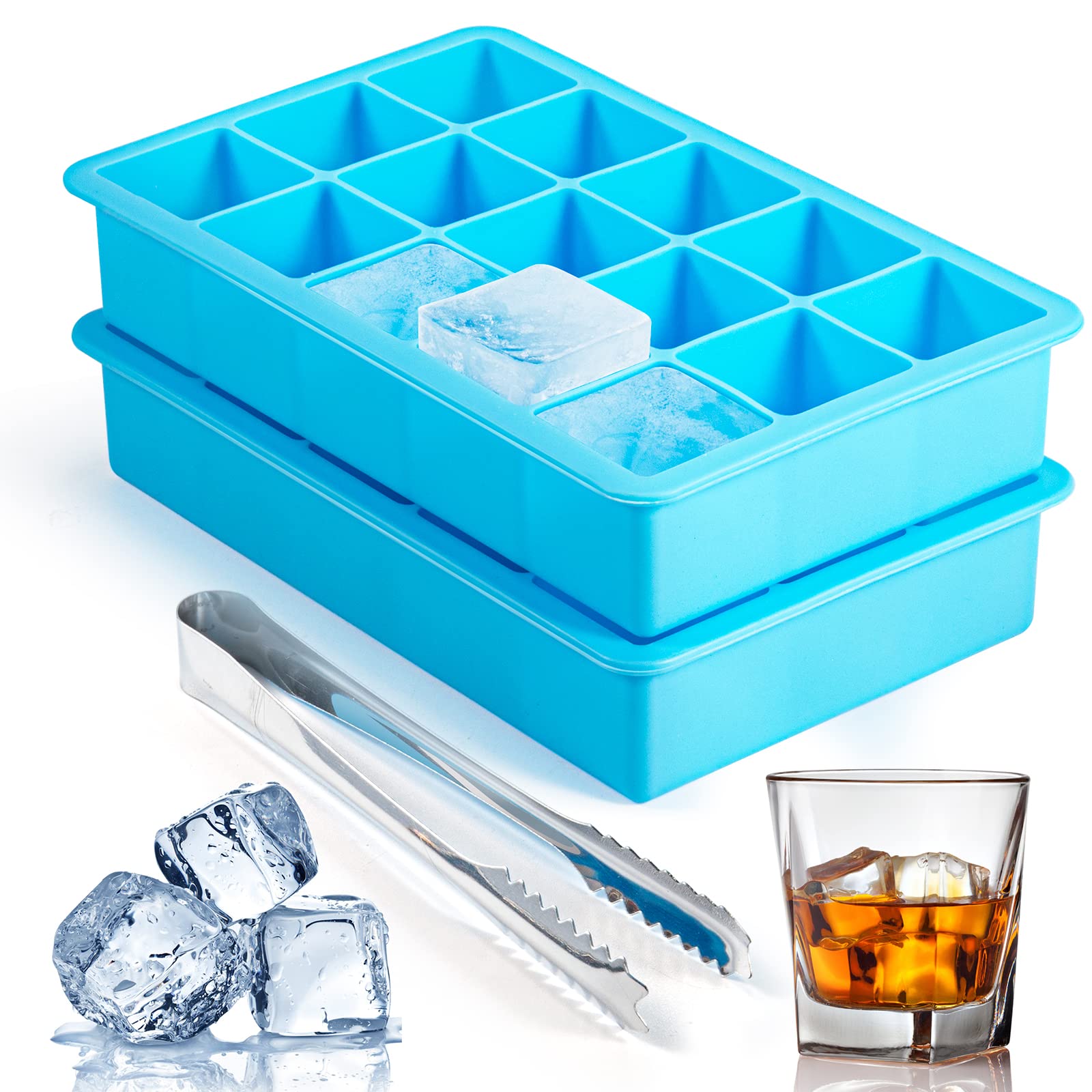 2 Pack Ice Cube Trays, ZDPMK Silicone Easy Release Flexible Molds 15 Ice Cubes Tray for Freezer,Cocktail,Whiskey,Reusable & BPA Free