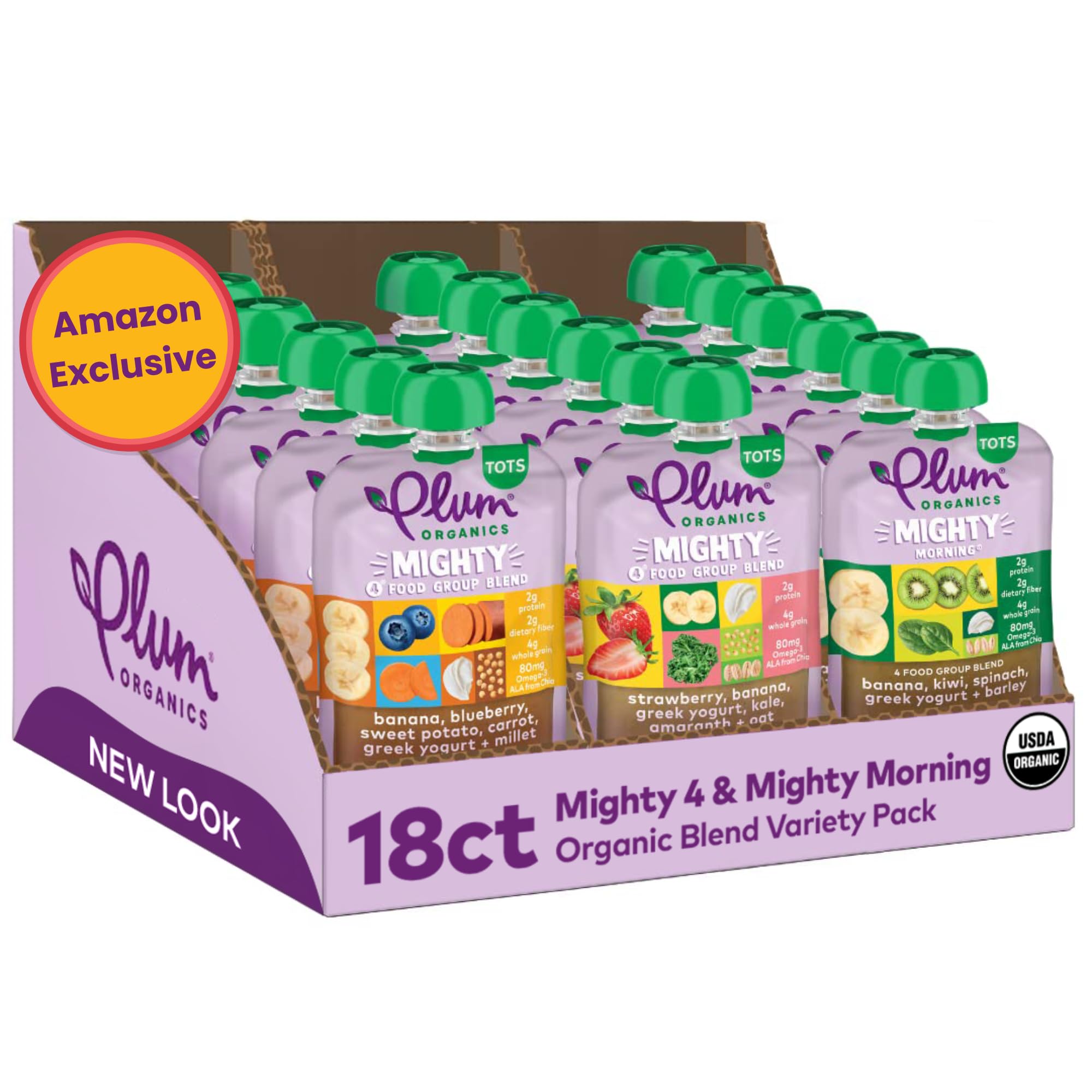 Plum Organics Stage 4 Variety Pack - Toddler's Taste Adventure & Sunrise Pack - Mighty 4 & Mighty Morning Organic Fruit & Veggie Pouches - 4 oz Pouch, Pack of 18 ( Exclusive)