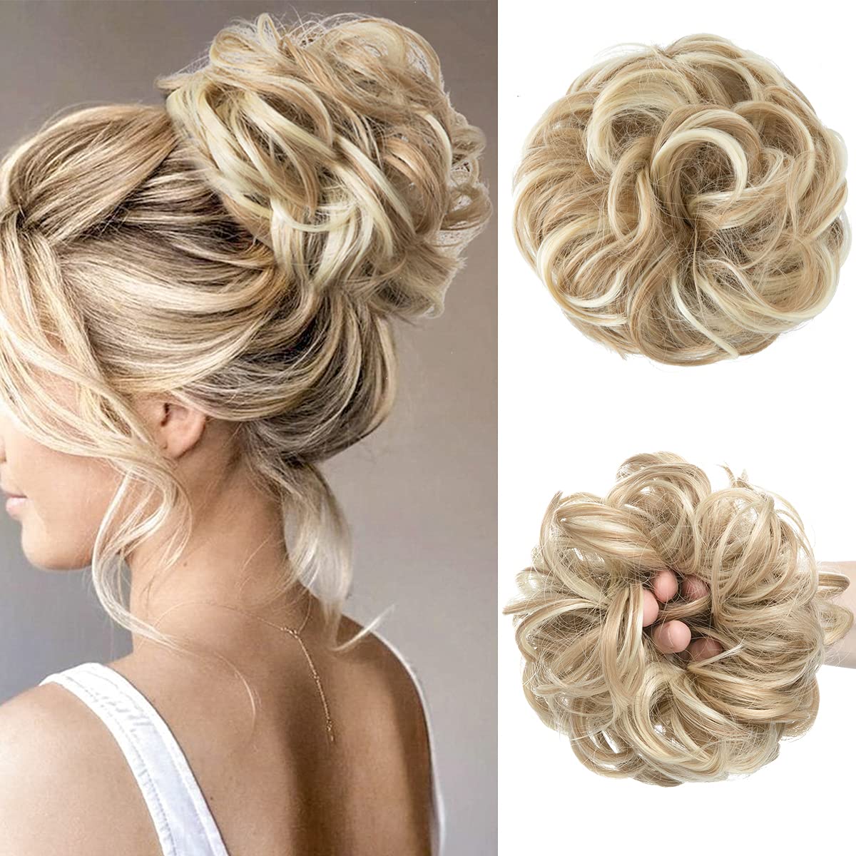 CJL HAIR وصلة شعر كعكة كبيرة فوضوية مموجة مجعدة صناعية على شكل كعكة ذيل حصان وصلات شعر سميكة لتسريحات الشعر المرتفعة للنساء أشقر داكن