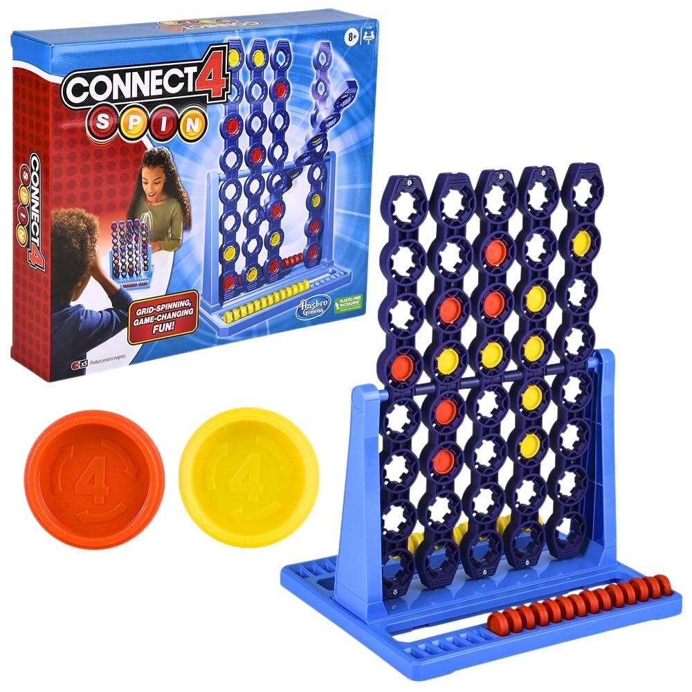 لعبة Connect 4 Spin من هاسبرو للألعاب، تتميز بشبكة Connect 4 دوارة، ألعاب لوحية للاعبين للعائلة والأطفال، ألعاب لوحية استراتيجية، للأعمار من 8 سنوات فما فوق