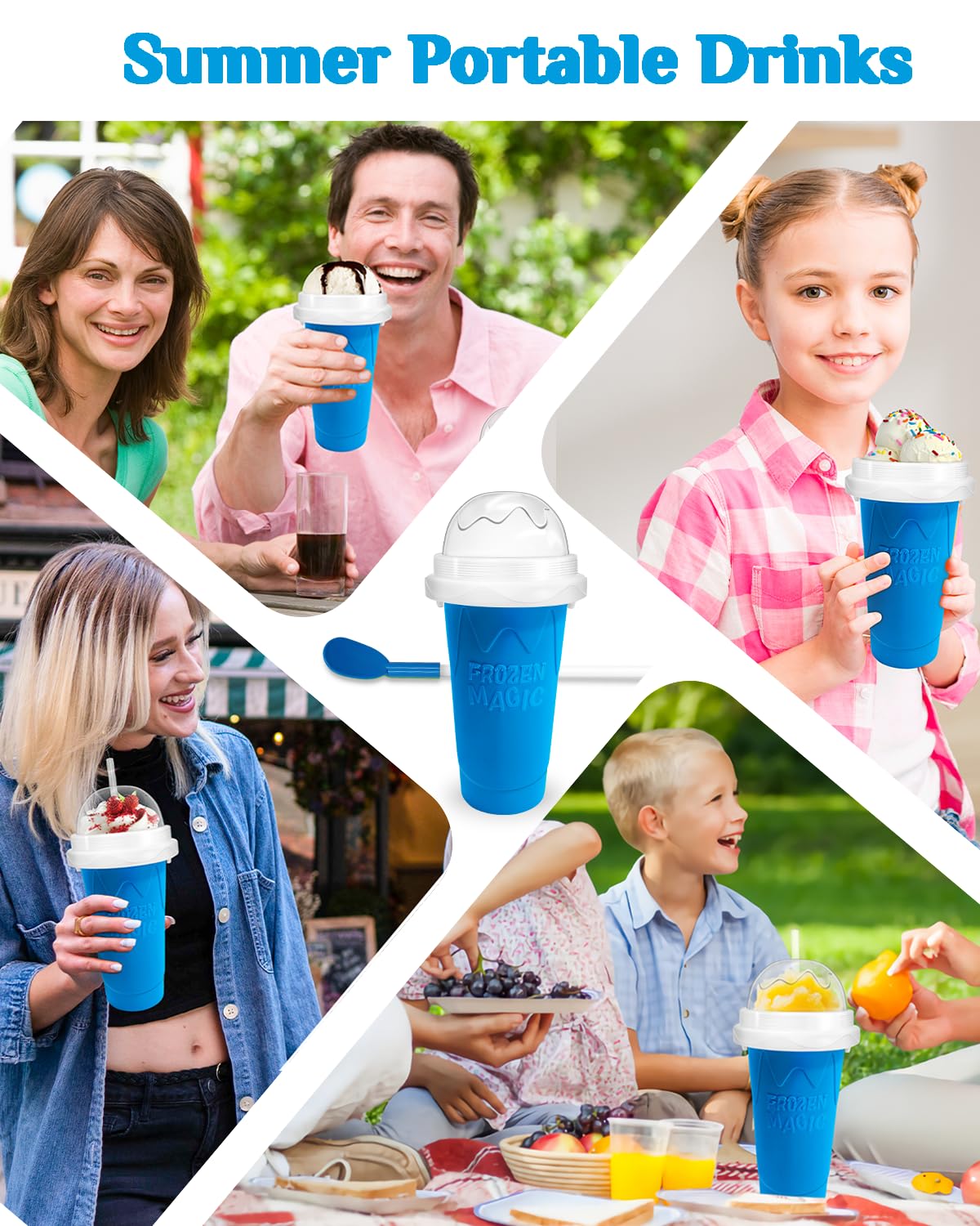 Bollove Slushy Maker Cup, DIY Magic Slushy Maker Squeeze Cup, Portable Smoothie Squeeze Cup for Juices, Milk and Ice Cream Make, Double Layers Silica Cup with Lid & Straw (Blue), 7.87*4.33in