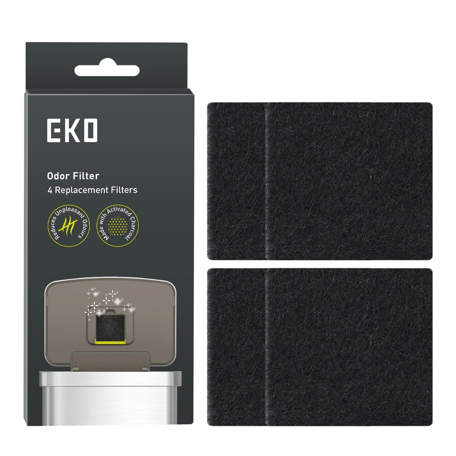EKO Trash Can Odor Filter Refills for Trash Can and Compost Bin, Activated Charcoal Deodorizer, Strong Charcoal Odor Absorber, Pack of 4 Replacements