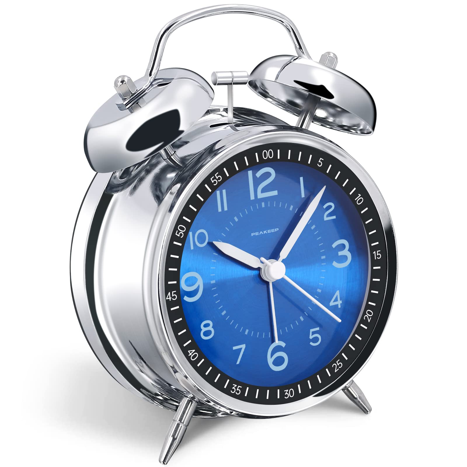 Peakeep Loud Alarm Clock for Heavy Sleepers Adults, Metal 4.5 Inches Twin Bell Battery Operated Analog Alarm Clocks for Bedrooms Decoration (Jewel Blue)