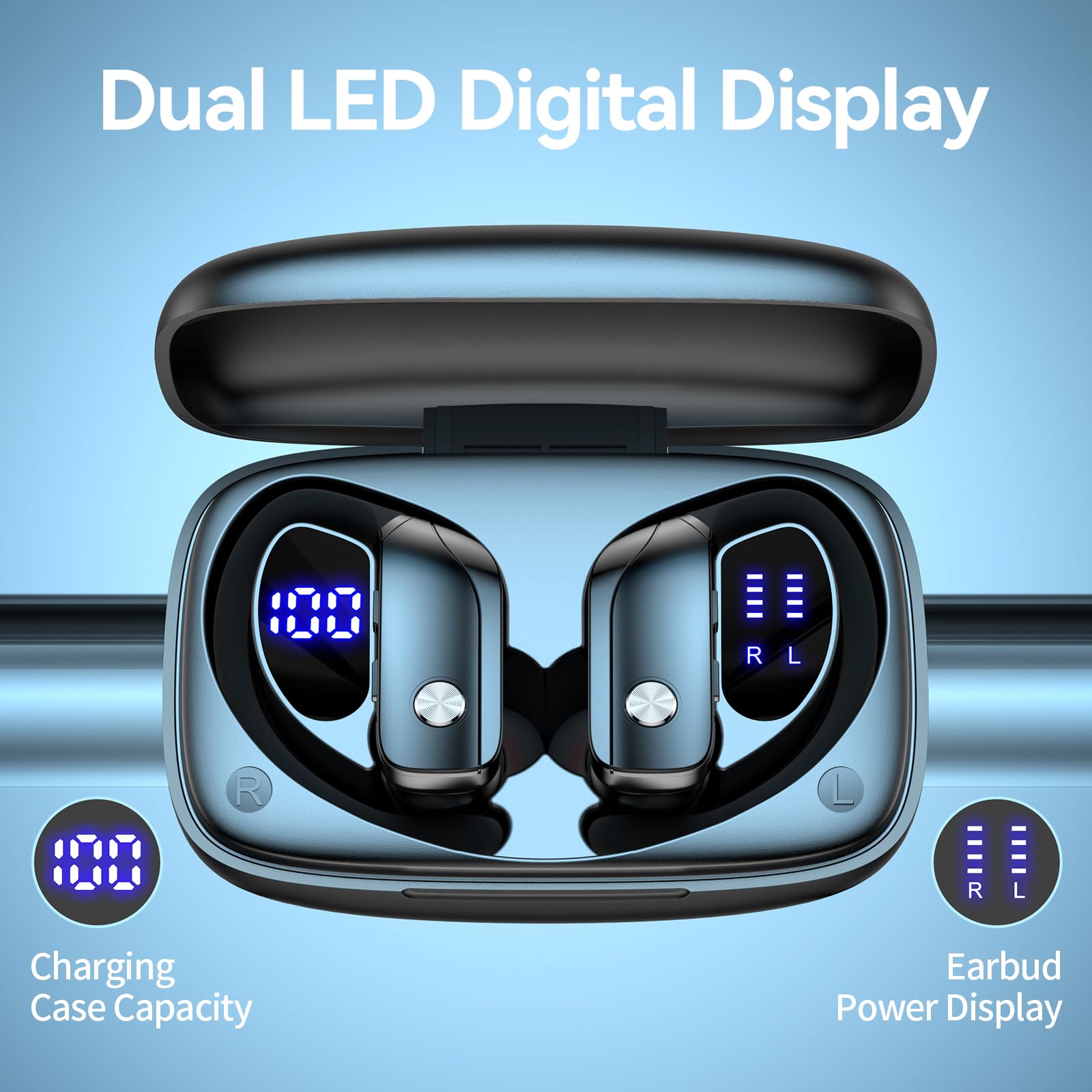 bmani Ear Buds Wireless Earbuds Bluetooth Headphones with 80H Playtime LED Display Case, Over-Ear Hook with Mic, Stereo Sound, Easy Button Controls, Sports Earphones for Running Workout Gym Black