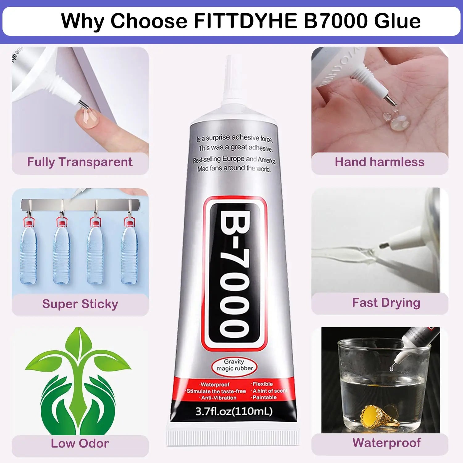 B7000 Adhesive Rhinestones Glue for Crafts, 2PCS 110ml / 3.7 fl oz with 5 Dotting Pen Tool, Wax Pencil and Tweezer, Jewelry Glue for DIY Craft, Makeup, Shoes, Jewelry Making, Nail Art