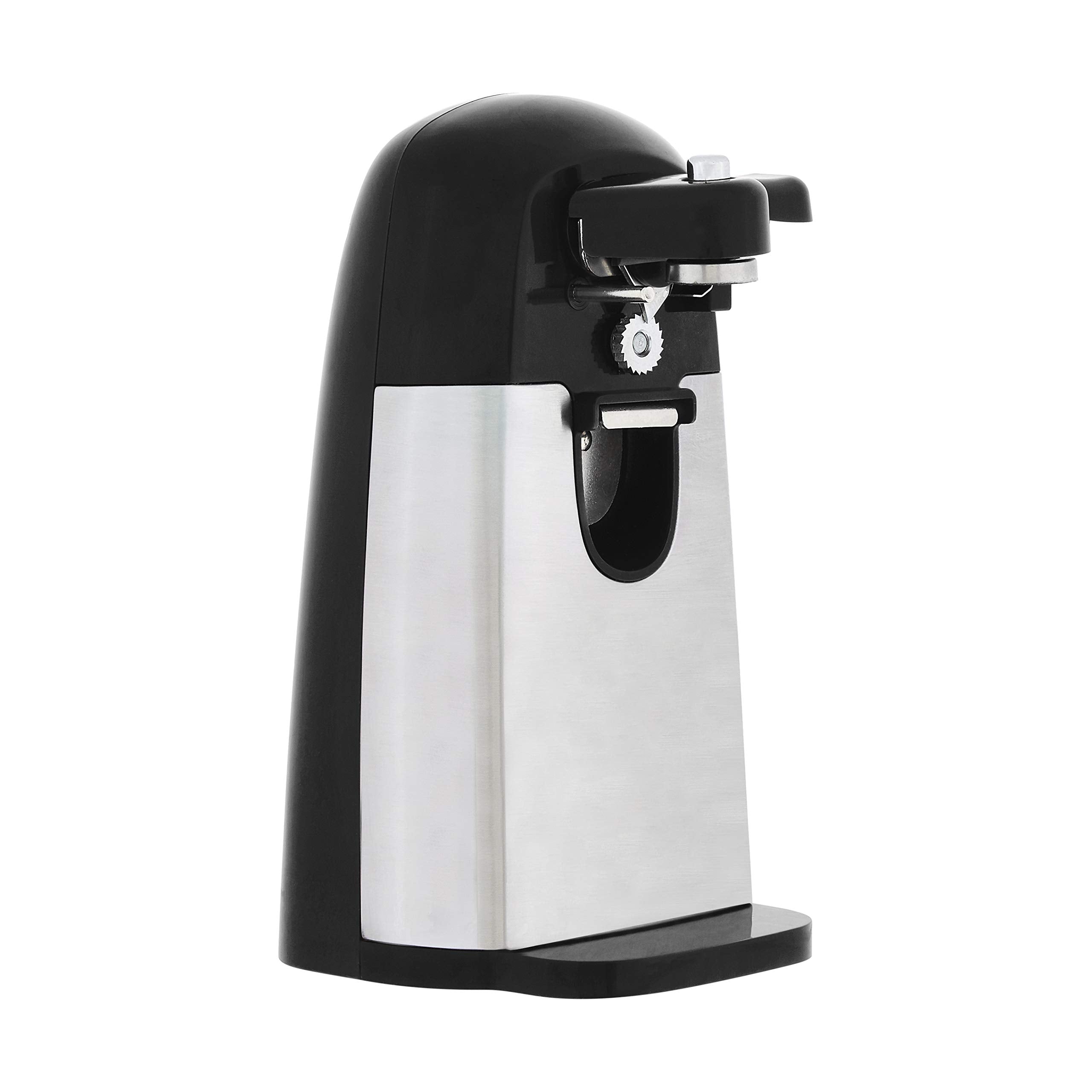 Basics 3-In-1 Electric Can Opener, Bottle Opener and Knife Sharpener, with Stainless Steel Blade, Magnetic Lid Holder, Automatic, Countertop, 50W, Black