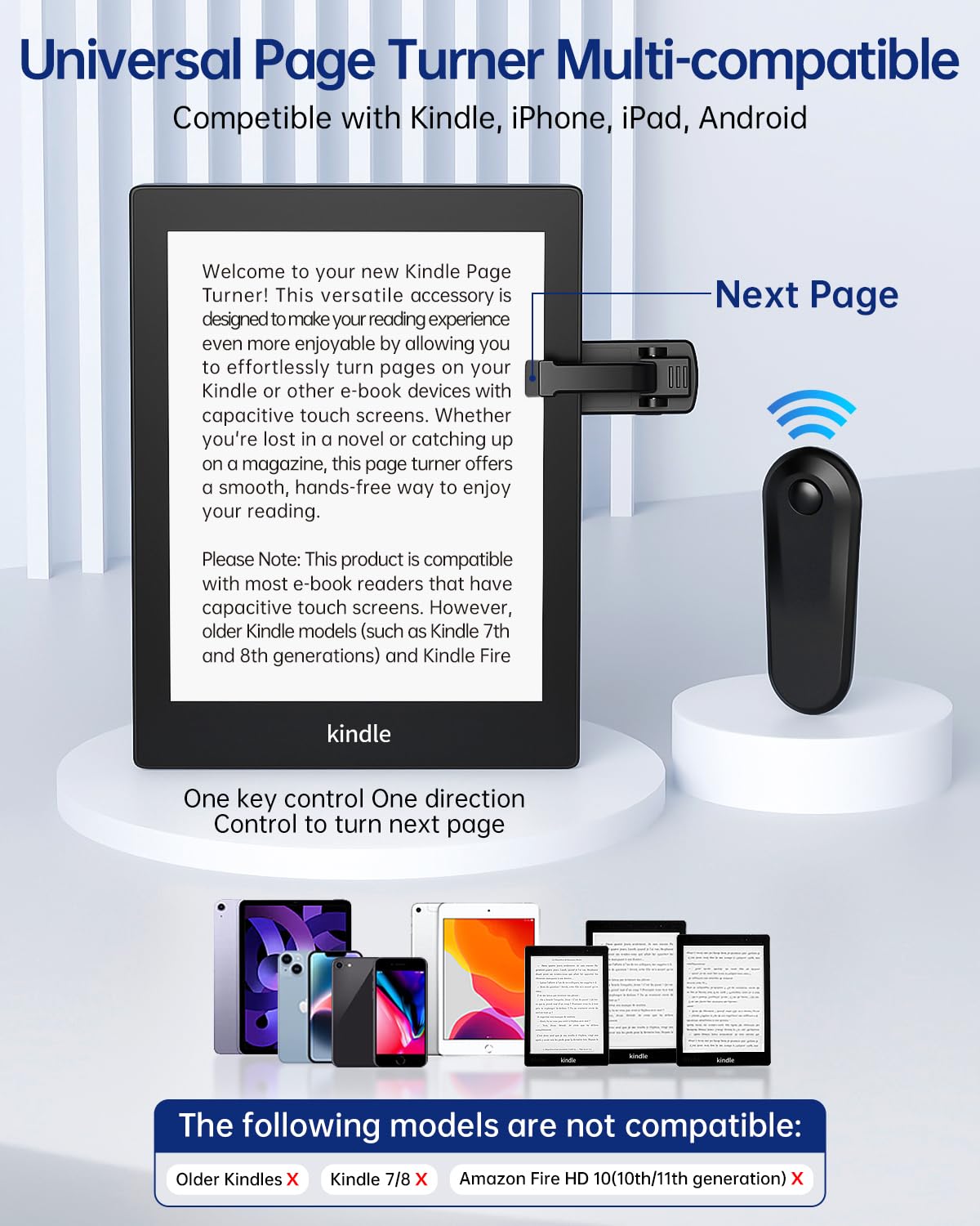 Kindle Holder with Remote Page Turner - Read in Bed Without Blocking Text or Adjusting Margins - Reduce Neck Strain - Quiet Page Turning for Kindle, iPad, iPhone