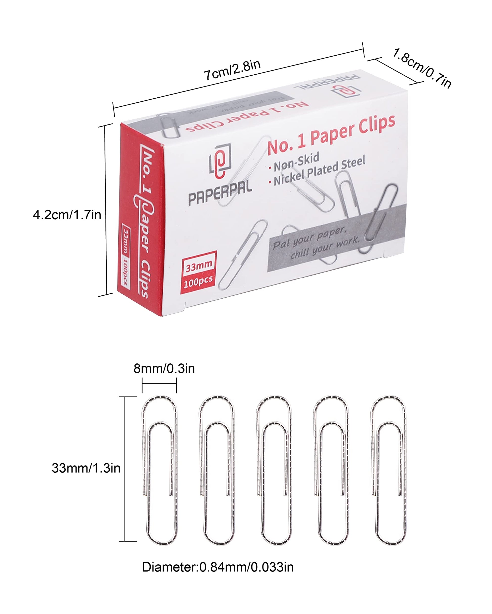 PAPERPAL Paperclips for Office School & Personal Use, #1 Nonskid Paper Clip (1-2/7"), 600 Medium Paper Clips (6 Boxes of 100 Each), Silver