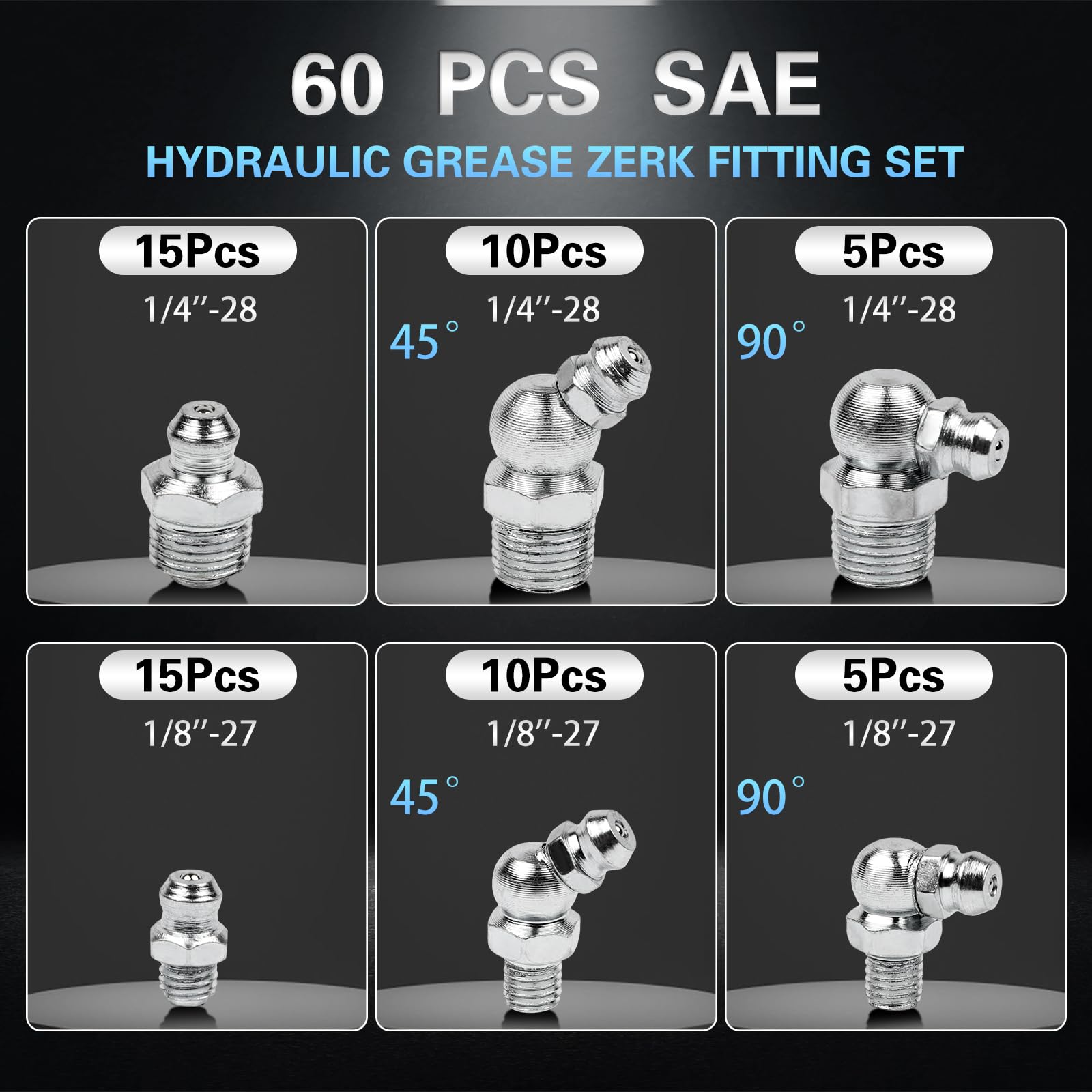60Pcs Grease Fittings Kit, 1/4 & 1/8 Inch BSP Grease Zerk Fittings Assortment with 90 Degree, 45 Degree, and Straight Angle for Automotive, Tractors, and Industrial Machinery