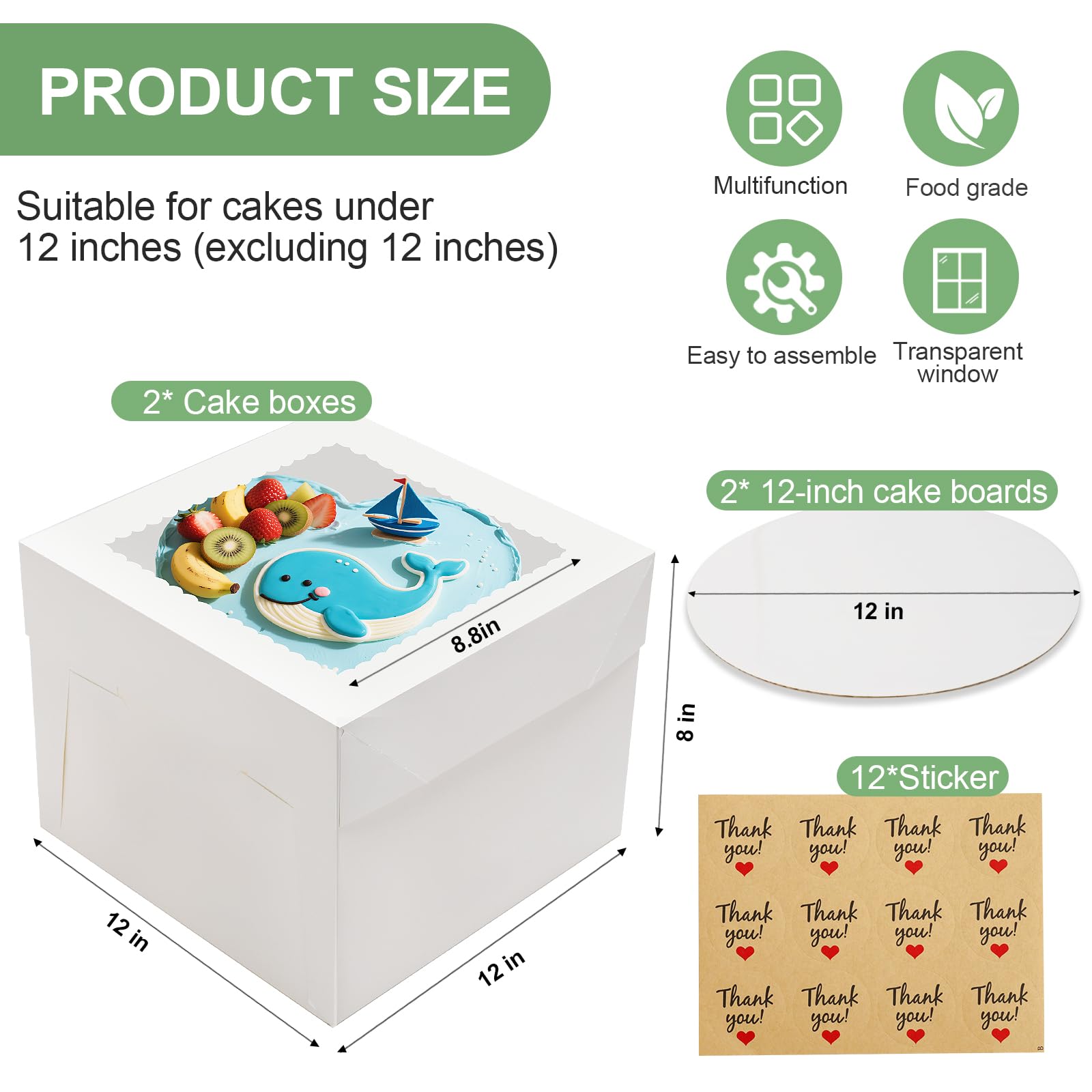 LNDIEHS 2 Pack Cake Boxes, 12x12x8 Inches Tall Cake Box with Cake Boards, White Bakery Boxes with Large Window, Disposable Cakes Transport Containers with Lids, for Cookies, Pies, Wedding, Birthday