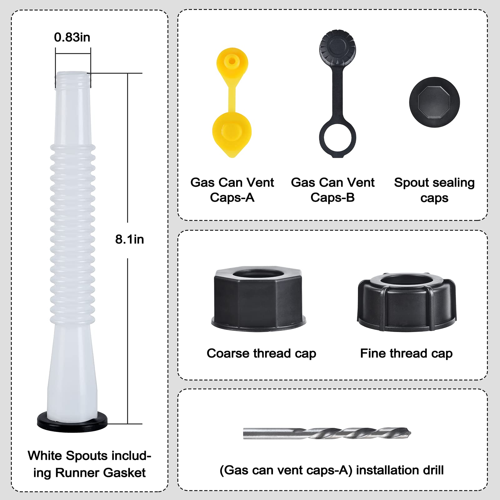 Gas Can Spout Replacement Kit, Gas Can Nozzle Replacement (2 Kit-White) All gaskets are installed and ready to use upon receipt. For 1/2/5/10 gallon gas can. Easy and convenient to use