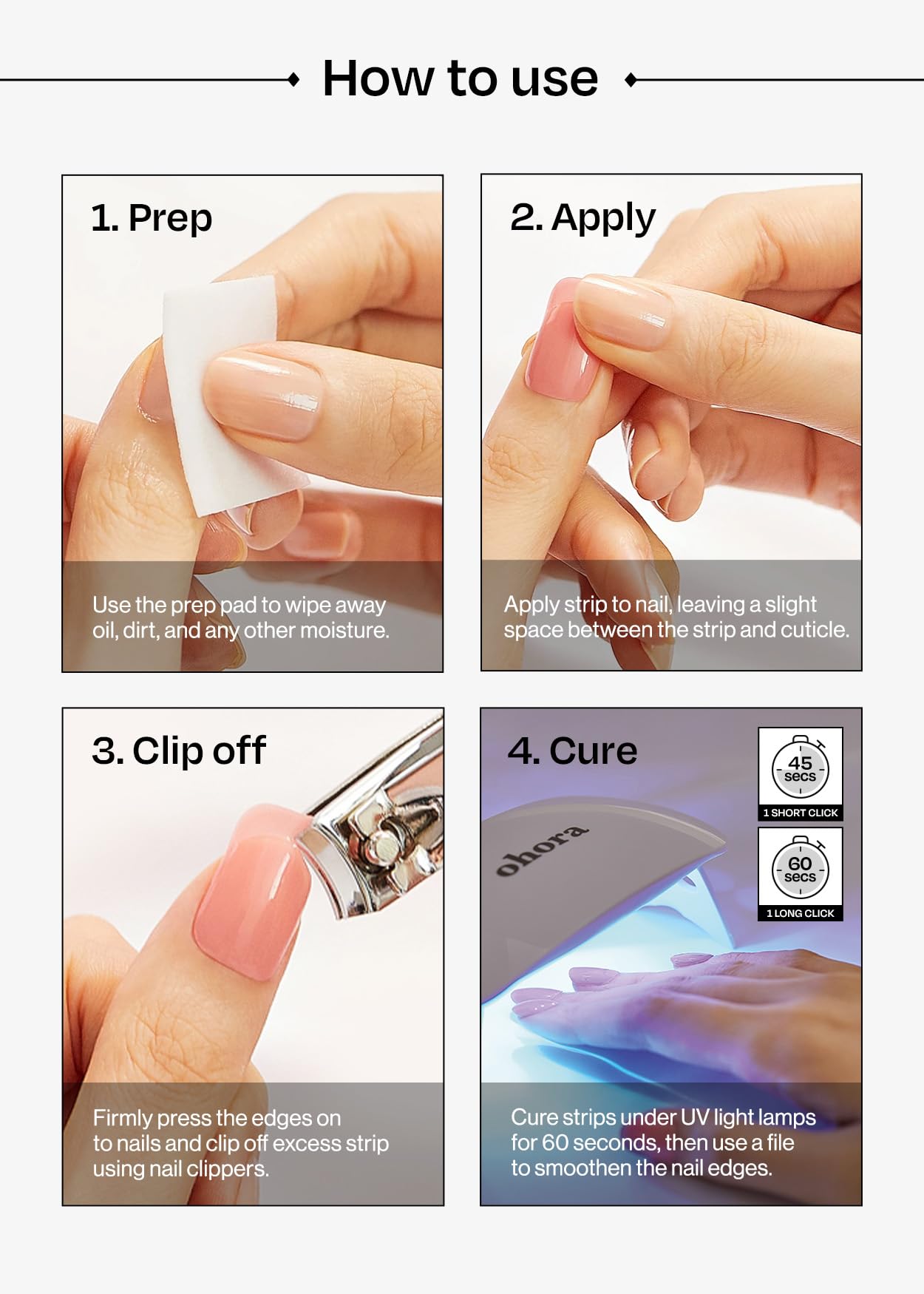 ohora Semi Cured Gel Nail Strips (N Onyx) - Dark, Solid, Works with Any UV/LED Lamps, Salon-Quality, Long Lasting, Easy to Apply & Remove - Includes 2 Prep Pads, Nail File & Wooden Stick