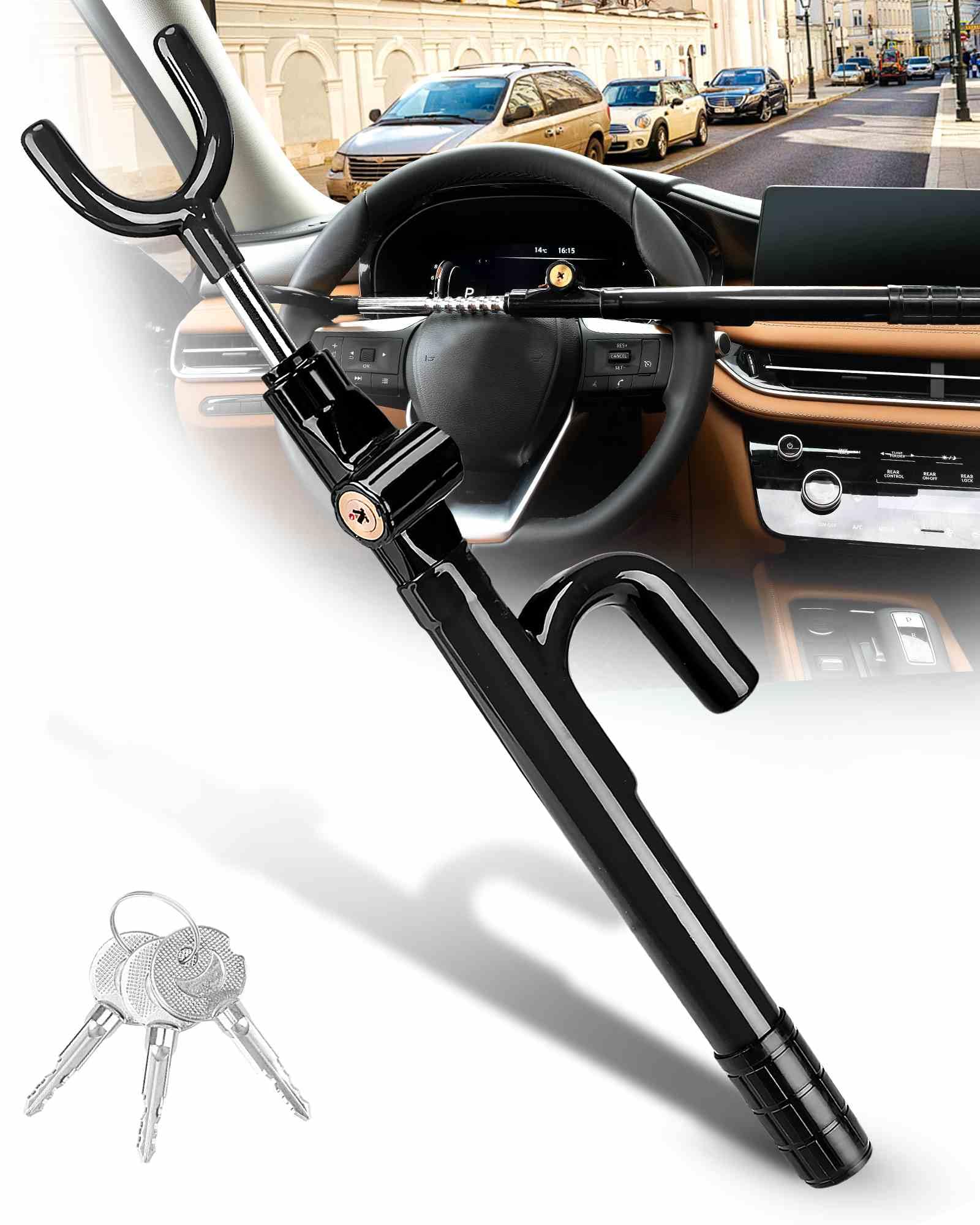 Tevlaphee Steering Wheel Lock Anti-Theft Device Security Car Lock Anti Theft Car Device Visible Antitheft Locking Devices Adjustable Car Wheel Lock for Cars with 3 Keys (Black)