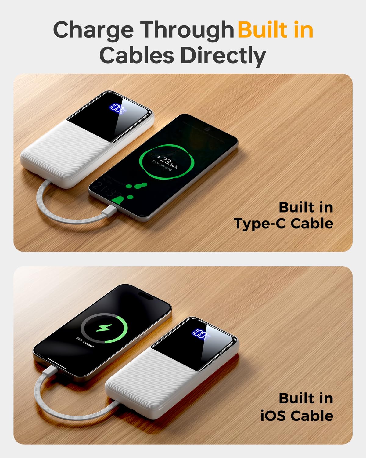 Portable Charger Power Bank - 15000mAh Battery Pack Portable Phone Charger with Built in Cables 22.5W Fast Charging Powerbank Compatible with iPhone Android Samsung Phone, Travel Camping Essential
