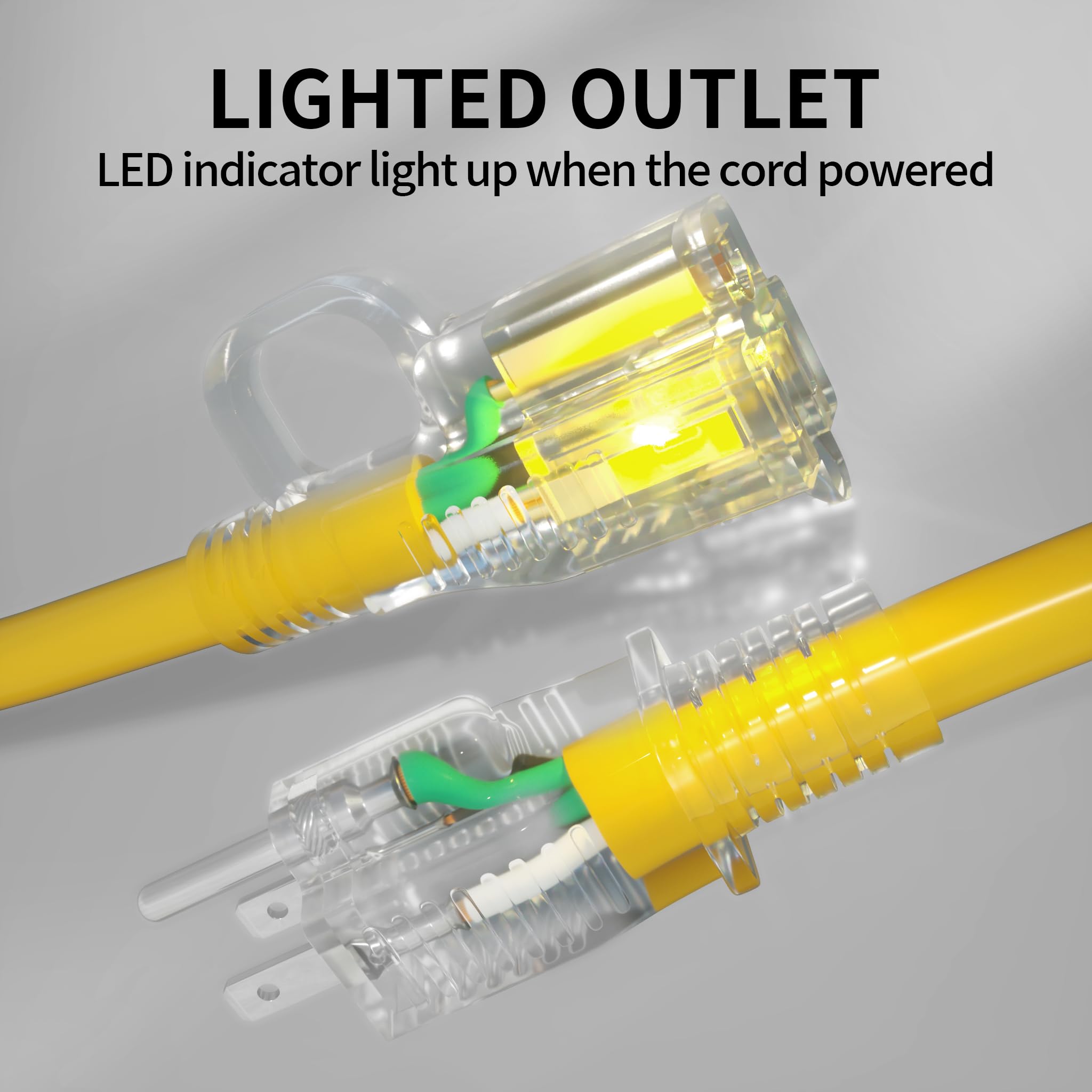POWGRN 50 ft 12/3 Outdoor Extension Cord Waterproof Heavy Duty with Lighted Indicator End 12 Gauge 3 Prong, Flexible Cold-Resistant Long Power Cord Outside, 15Amp 1875W SJTW Yellow ETL Listed