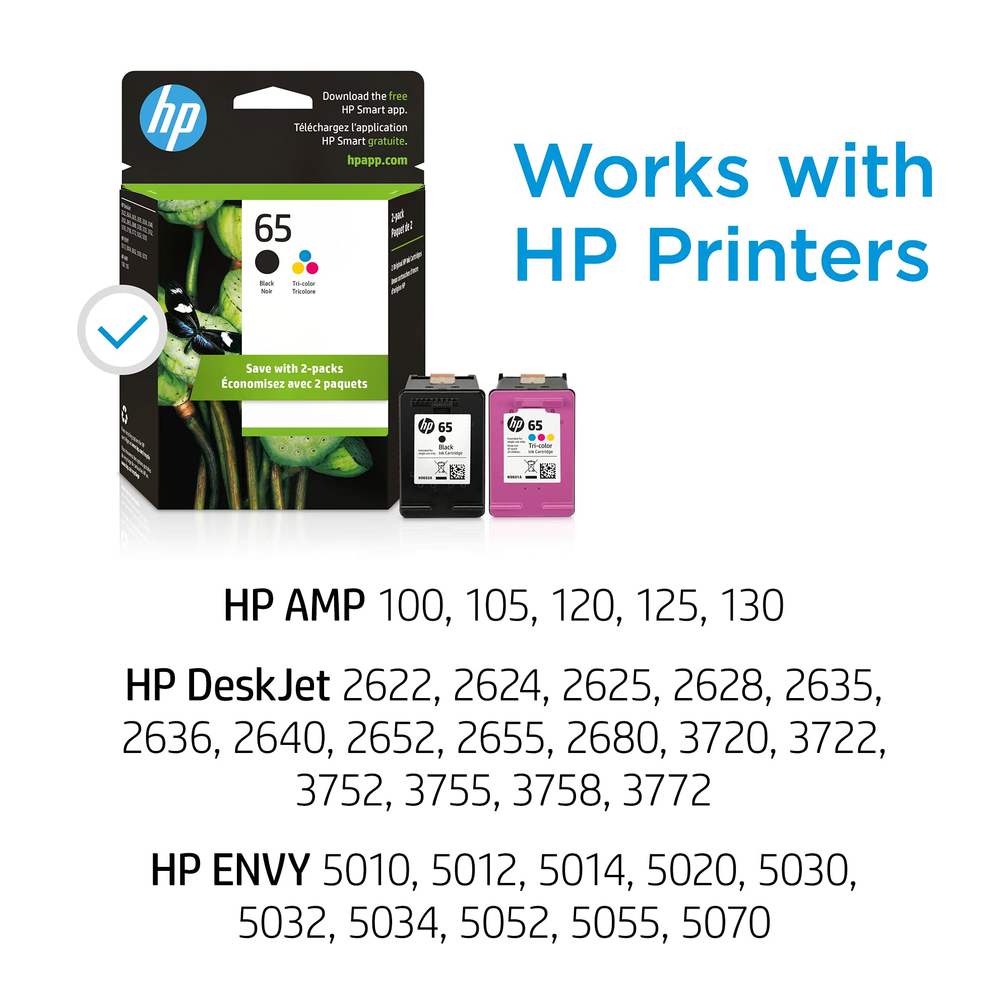 HP 65 Black/Tri-color Ink Cartridges for HP Printers (2-pack) | Works with Printer Series: AMP 100, DeskJet 2600, 3700, ENVY 5000 | Eligible for Instant Ink | T0A36AN
