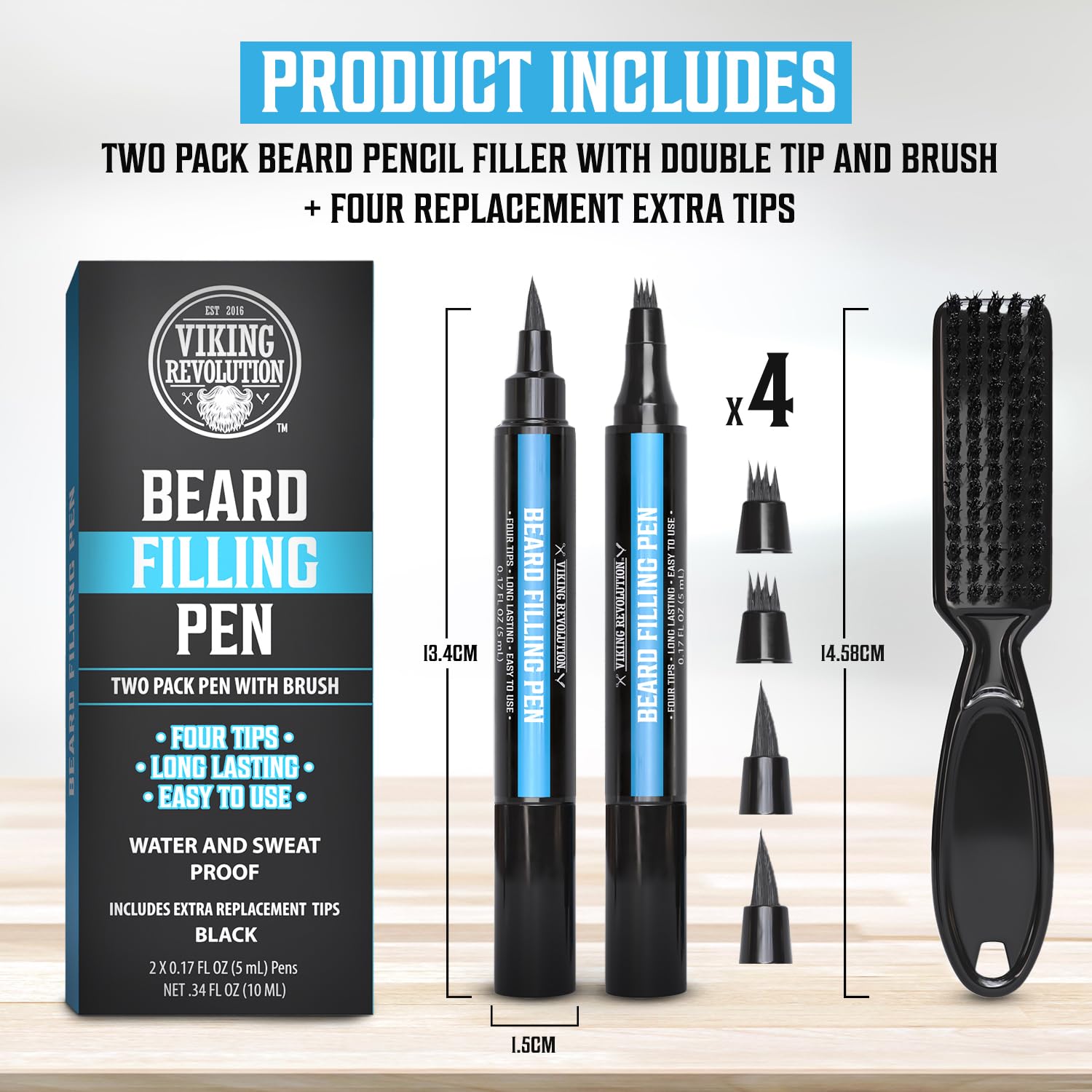 Viking Revolution Beard Pen (2 Pack) - Black Beard Pencil Filler for Men Lapiz para Barba de Hombre - Beard Filler for Men Waterproof Beard Filling Pen Kit - Long Lasting Beard Filler Pen with Brush