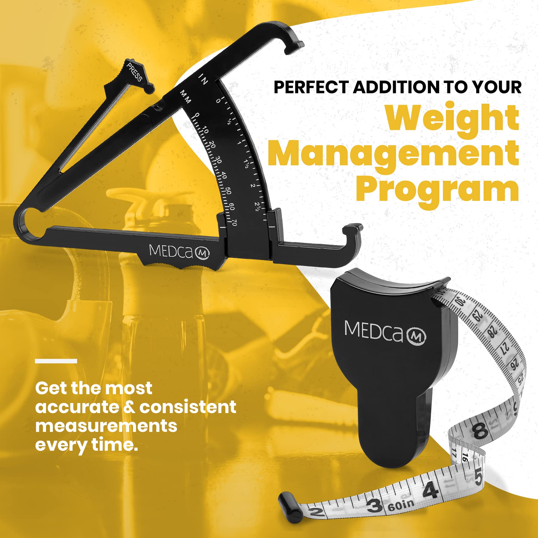 MEDca Body Fat Caliper and Measuring Tape for Body - Skinfold Calipers and Body Fat Tape Measure Tool for Accurately Measuring BMI Skin Fold Fitness and Weight-Loss, (Black)