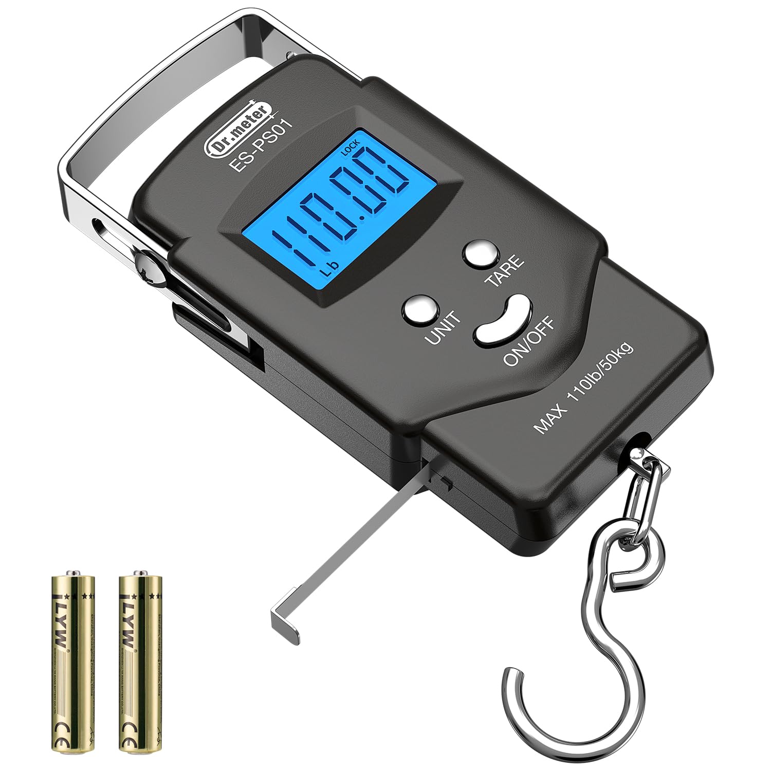 ميزان السمك والميزان المحمول من Dr.meter، أدوات صيد الأسماك - شاشة LCD بإضاءة خلفية رقمية 110 رطل/50 كجم مع شريط قياس مدمج - ميزان صيد مع بطاريتين AAA، حجم الجيب - هدايا صيد للرجال