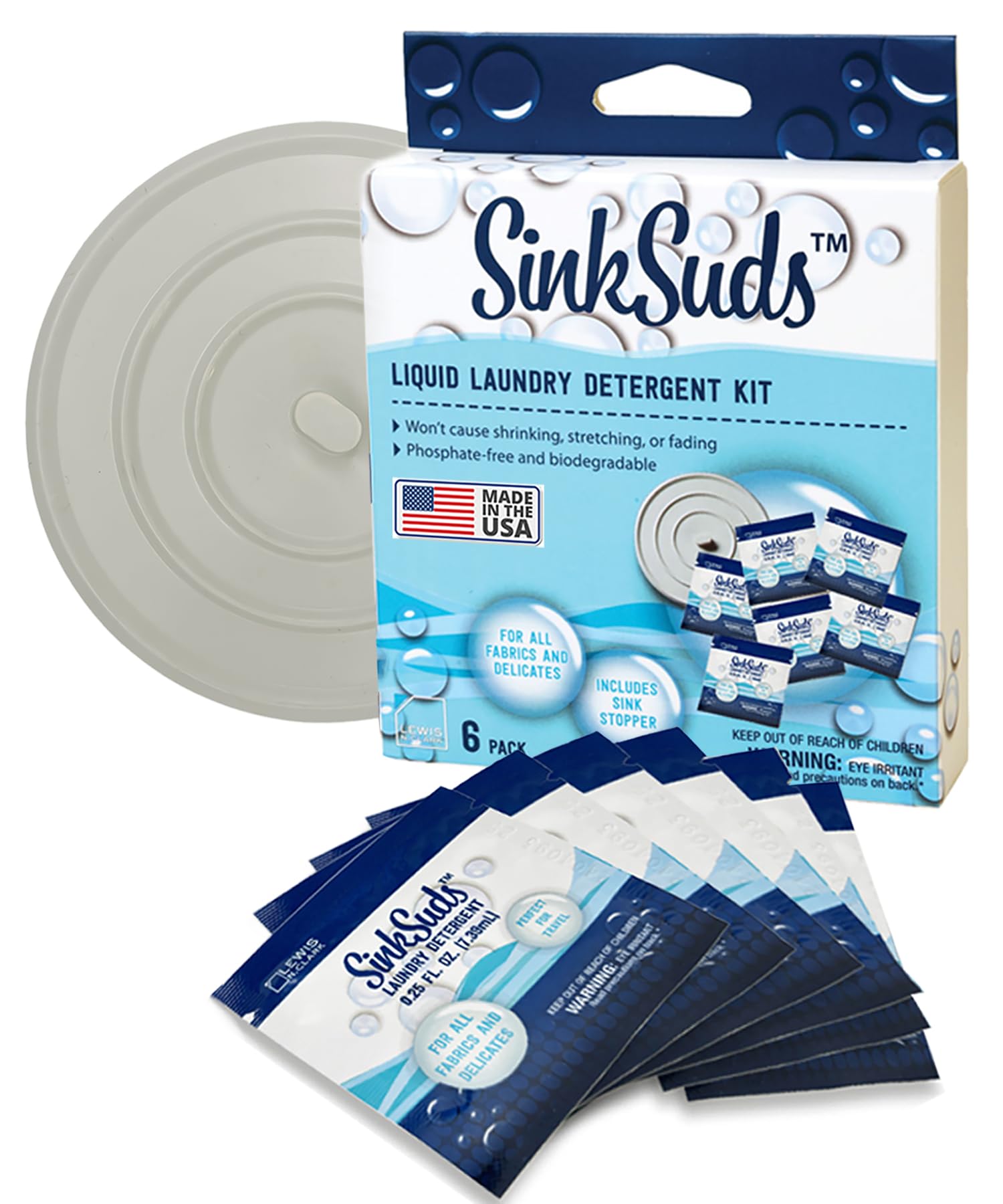 SinkSuds Laundry Detergent Travel Size Liquid Soap TSA Compliant Safe for All Fabrics 6 Packets & 1 Sink Stopper