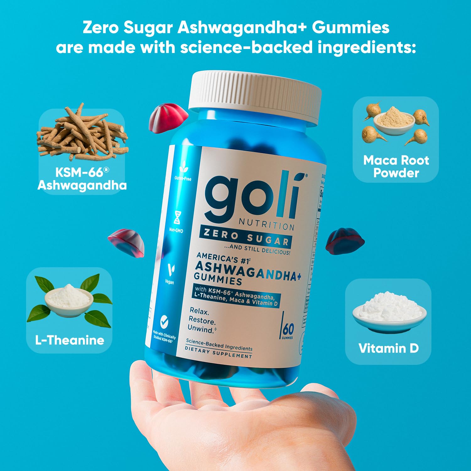 Goli Zero Sugar Ashwagandha & Vitamin D, Maca, L-Theanine Gummies, No Artificial Sweeteners, No Sugar Alcohols. Mixed Berry, KSM-66, Vegan, Plant Based, Non-GMO, Gluten-Free & Gelatin Free. (1)