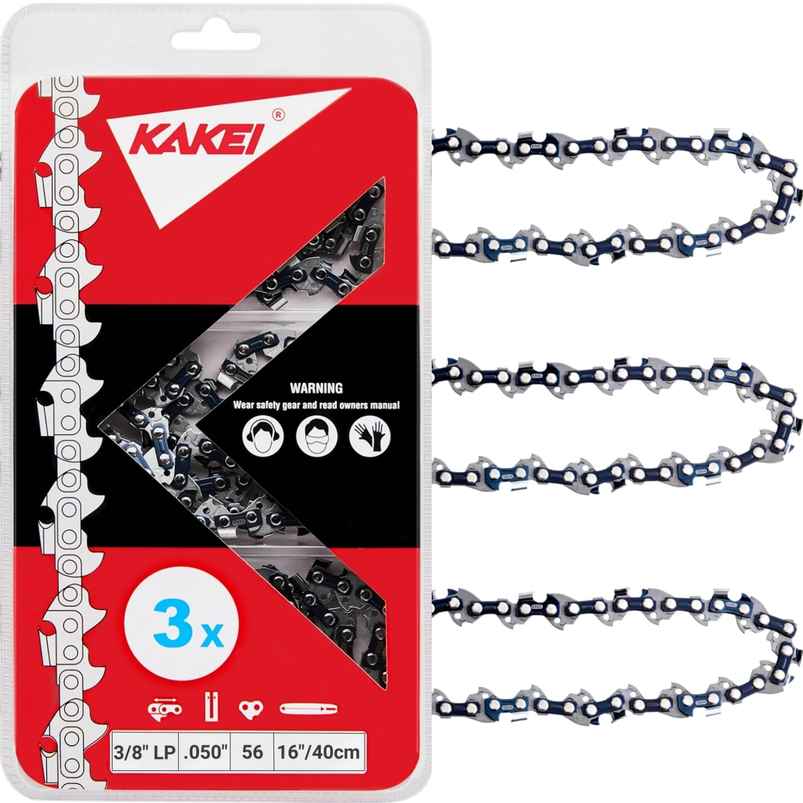KAKEI 16 Inch Chainsaw Chain 3/8" LP Pitch .050" Gauge 56 Drive Links Fits Craftsman, Poulan, Ryobi, Echo, Greenworks and More- S56 (3 Chains)