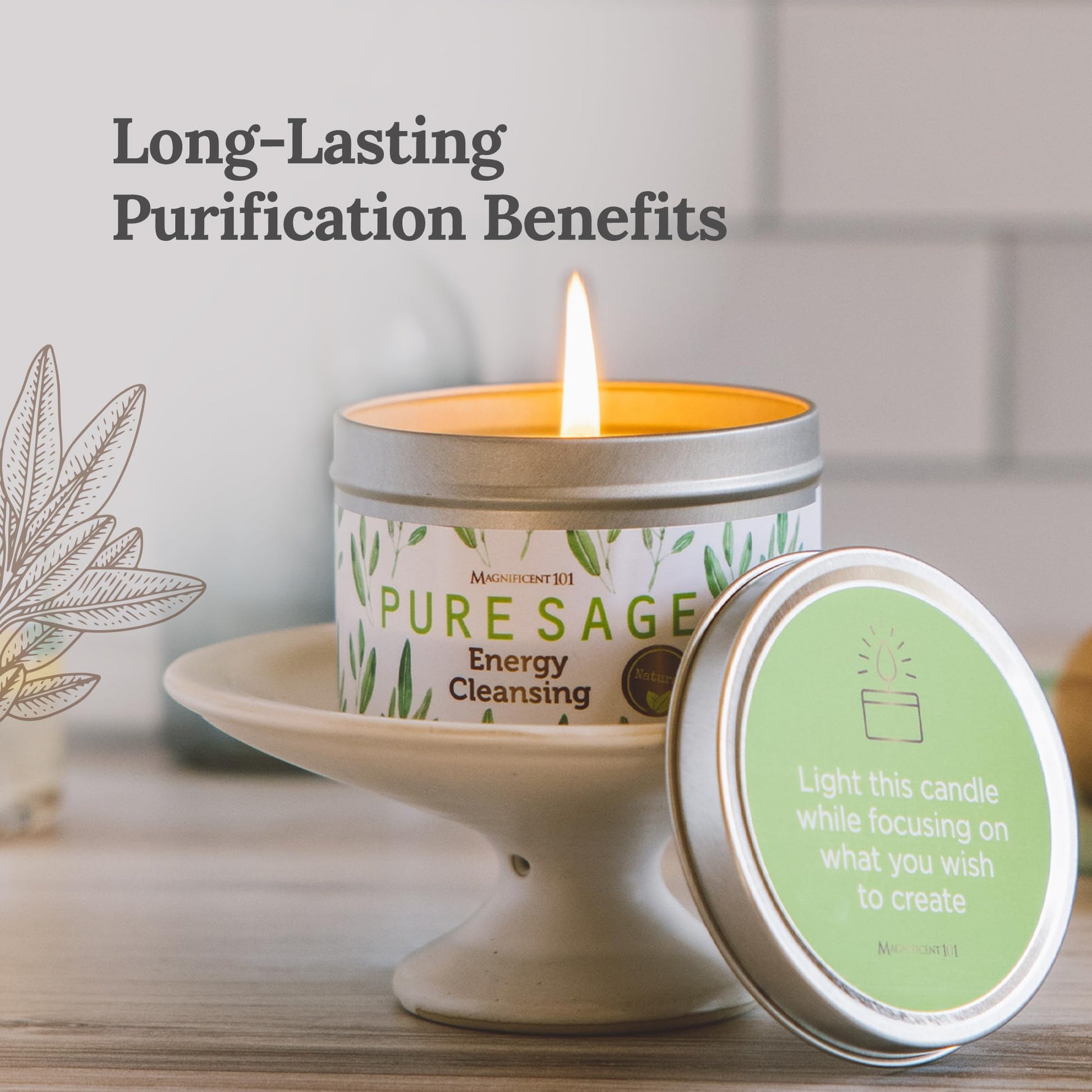 Magnificent 101 Long Lasting Pure White Sage Candle - 6 Oz - 35 Hour Burn Time - Organic, All Natural, Soy Candle to Cleanse Your Home & Calm, Soothe, Use with Sage Smudge Kit - Spiritual