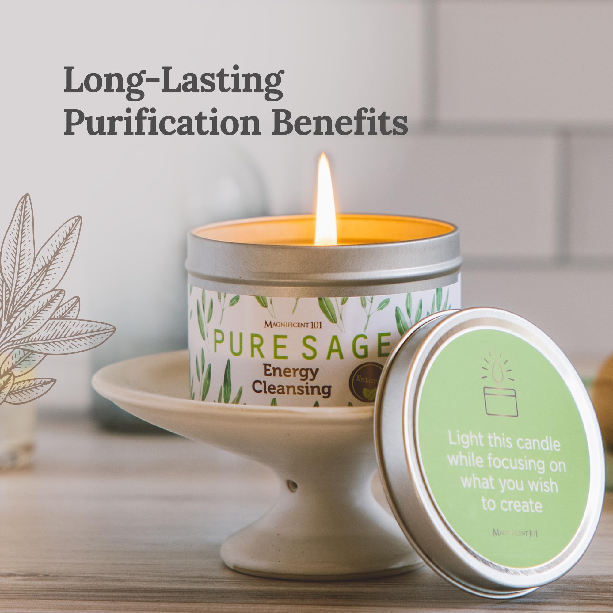 Magnificent 101 Long Lasting Pure White Sage Candle - 6 Oz - 35 Hour Burn Time - Organic, All Natural, Soy Candle to Cleanse Your Home & Calm, Soothe, Use with Sage Smudge Kit - Spiritual