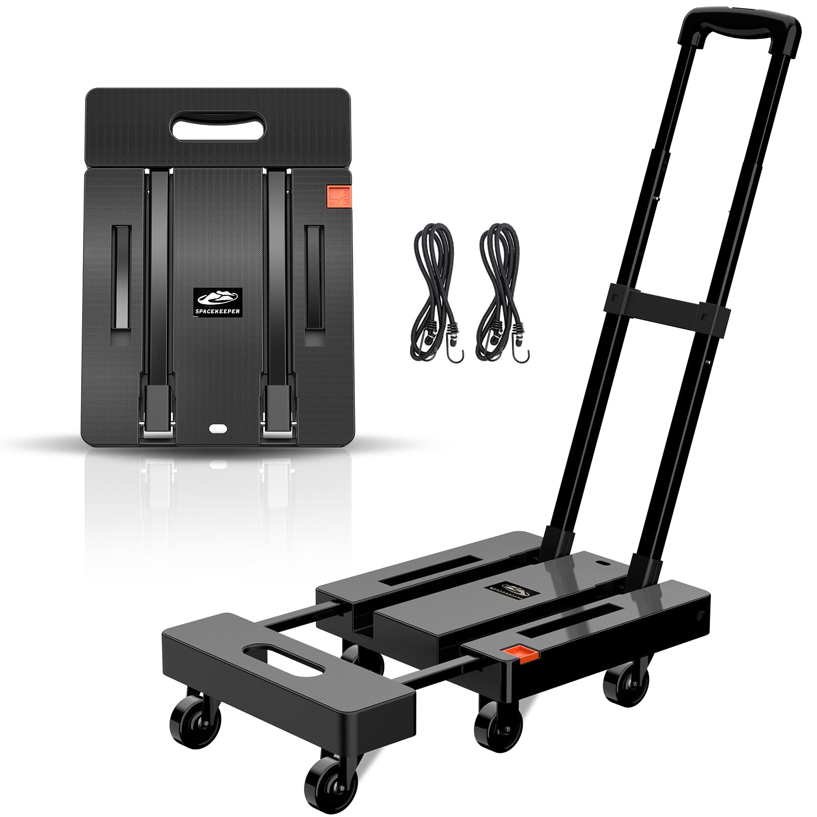 SPACEKEEPER Klappbarer Sackkarren, 227 kg Schwerlast-Gepäckwagen, Transportkarre mit 6 Rädern und 2 Spanngurten für Gepäck, Reisen, Umzüge, Einkäufe, Bürogebrauch, Schwarz