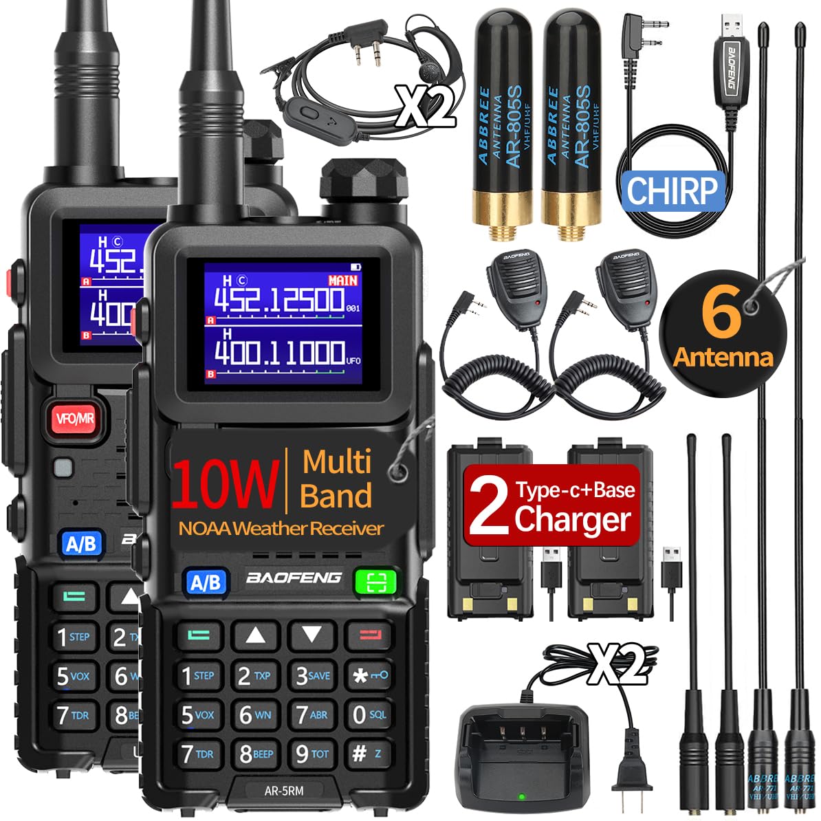 Baofeng Radio Ham Radio Long Range AR-5RM 10W Handheld NOAA Emergency Weather Radio 999CH Rechargeable Walkie Talkies with Programming Cable,USB-C Charging for Survival Gear Hunting Camping,2 Pack