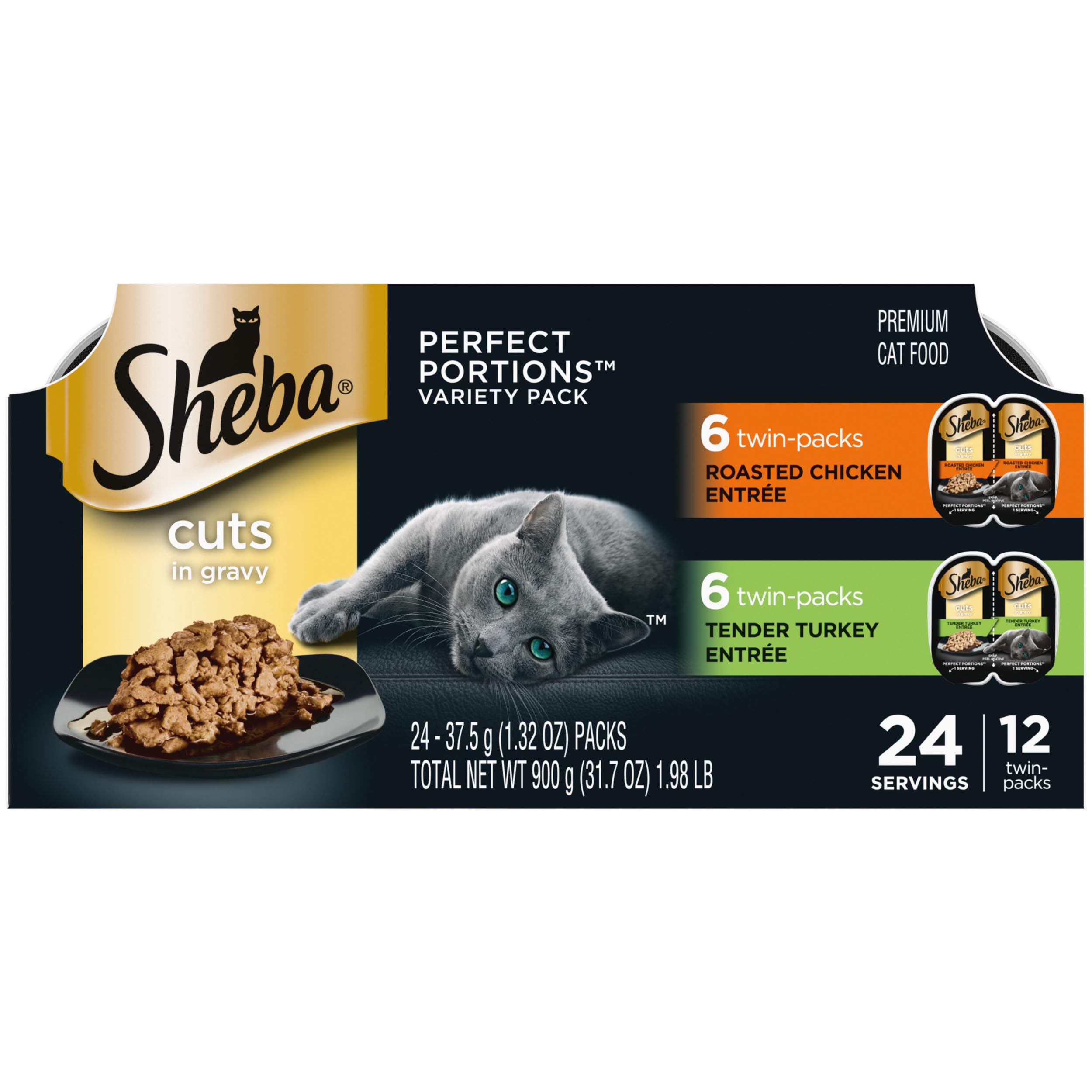 Sheba Perfect Portions Wet Cat Food Cuts in Gravy Variety Pack, Roasted Chicken Entree and Tender Turkey Entree, 2.6 oz. Twin-Pack Trays (12 Count, 24 Servings)