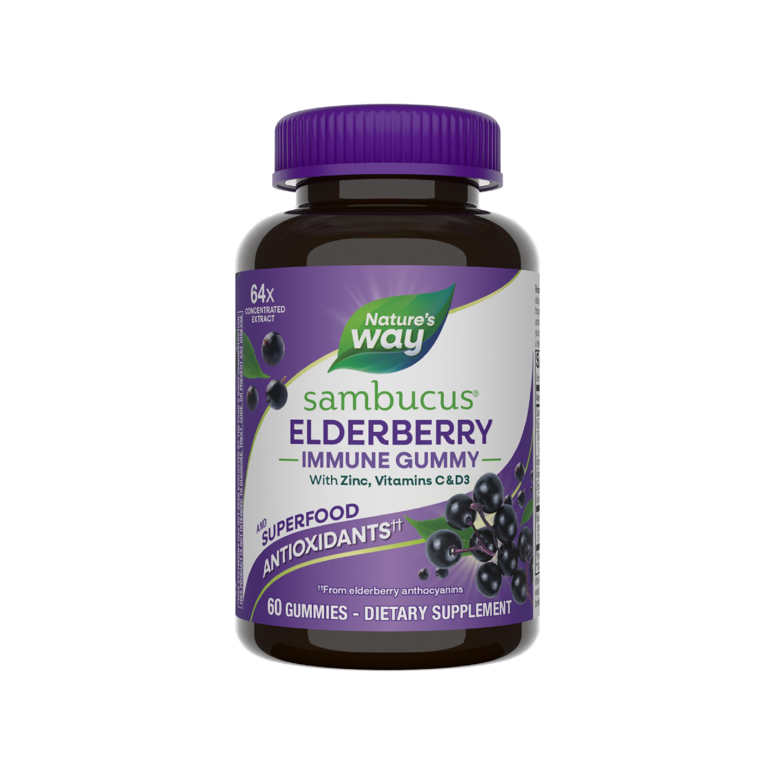 Nature's Way Sambucus Elderberry Immune Support Gummies for Kids & Adults* with Black Elderberry Extract, Vitamin C, Vitamin D3, and Zinc, 60 Gummies (Packaging May Vary)