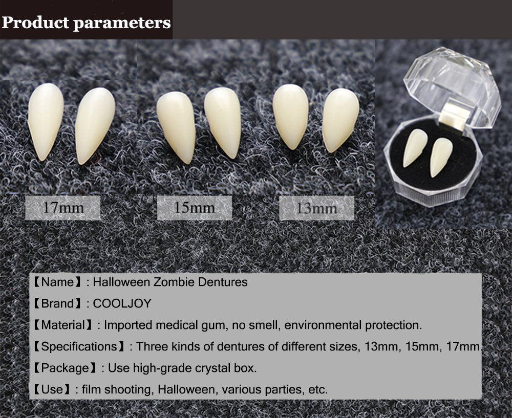 COOLJOY 3 Sizes Vampire Fangs Teeth with Adhesive Halloween Cosplay Props White Horror False Teeth Props Party Favors Masquerade Accessories Gift