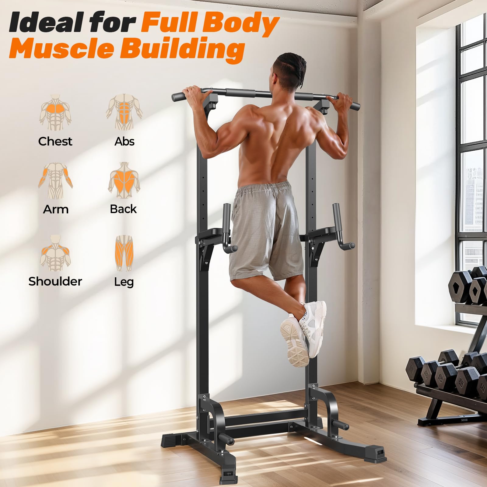Sportsroyals Pull up Bar, Multi-Function Power Tower Dip Station with Upgraded Adjustable Foot Cover Equipment for Home Gym,360LBS