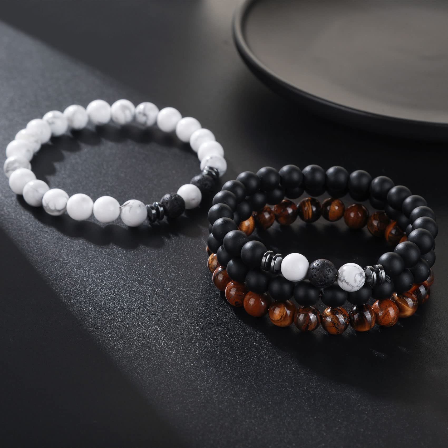 Tiger Eye Bracelet For Men 8MM Natural Stone Beads Bracelet Set Stretch Lava Rock Bracelets Adjustable Black Crystal Beaded Bracelet for Men Women Gifts