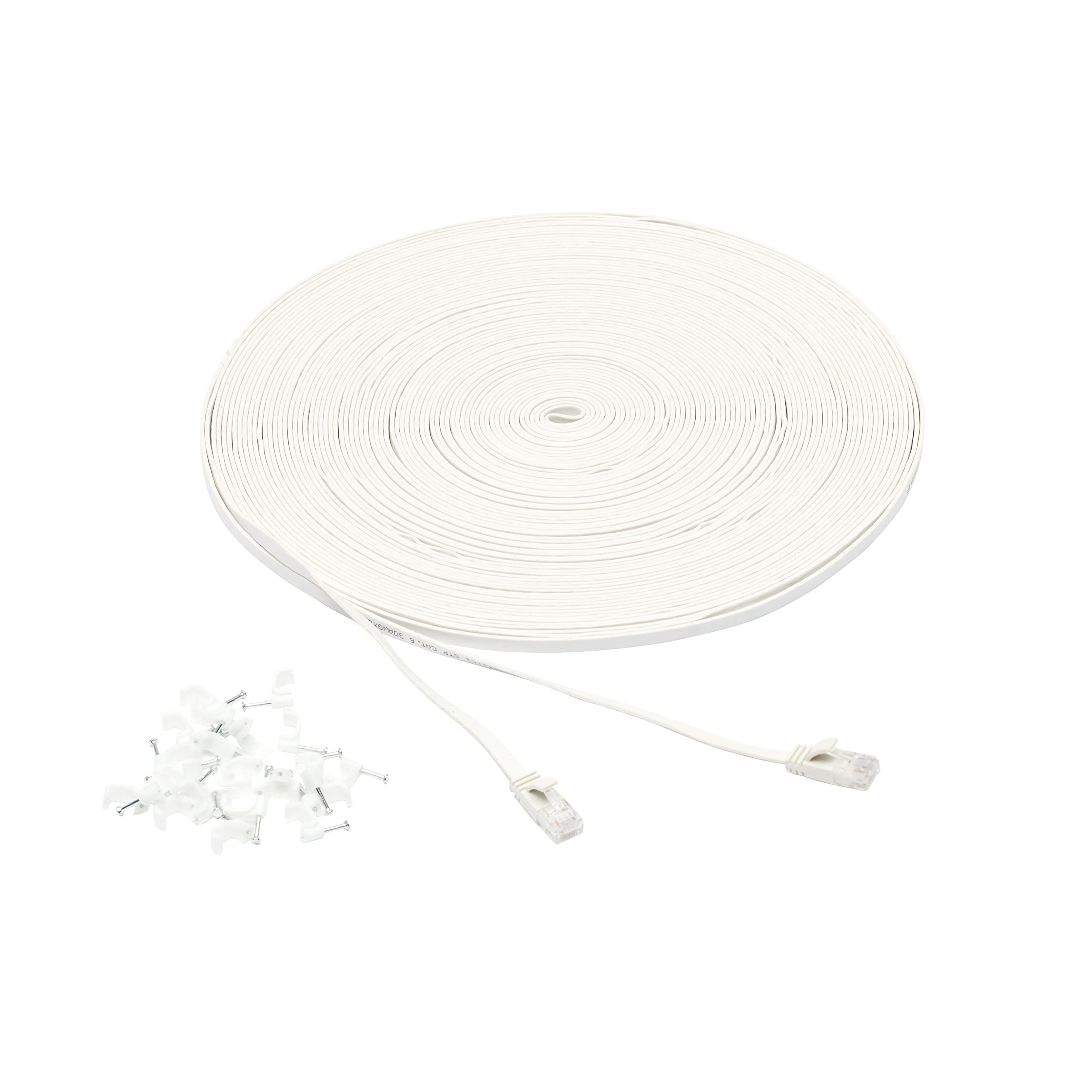 Basics Cat 6 Ethernet RJ45 10Gbps Flat Cable 100 ft Outdoor&Indoor White Solid Patch Cord with Clips for Router, Modem, PS4/5, Xbox, Gaming, Computer Network for High Speed LAN Internet