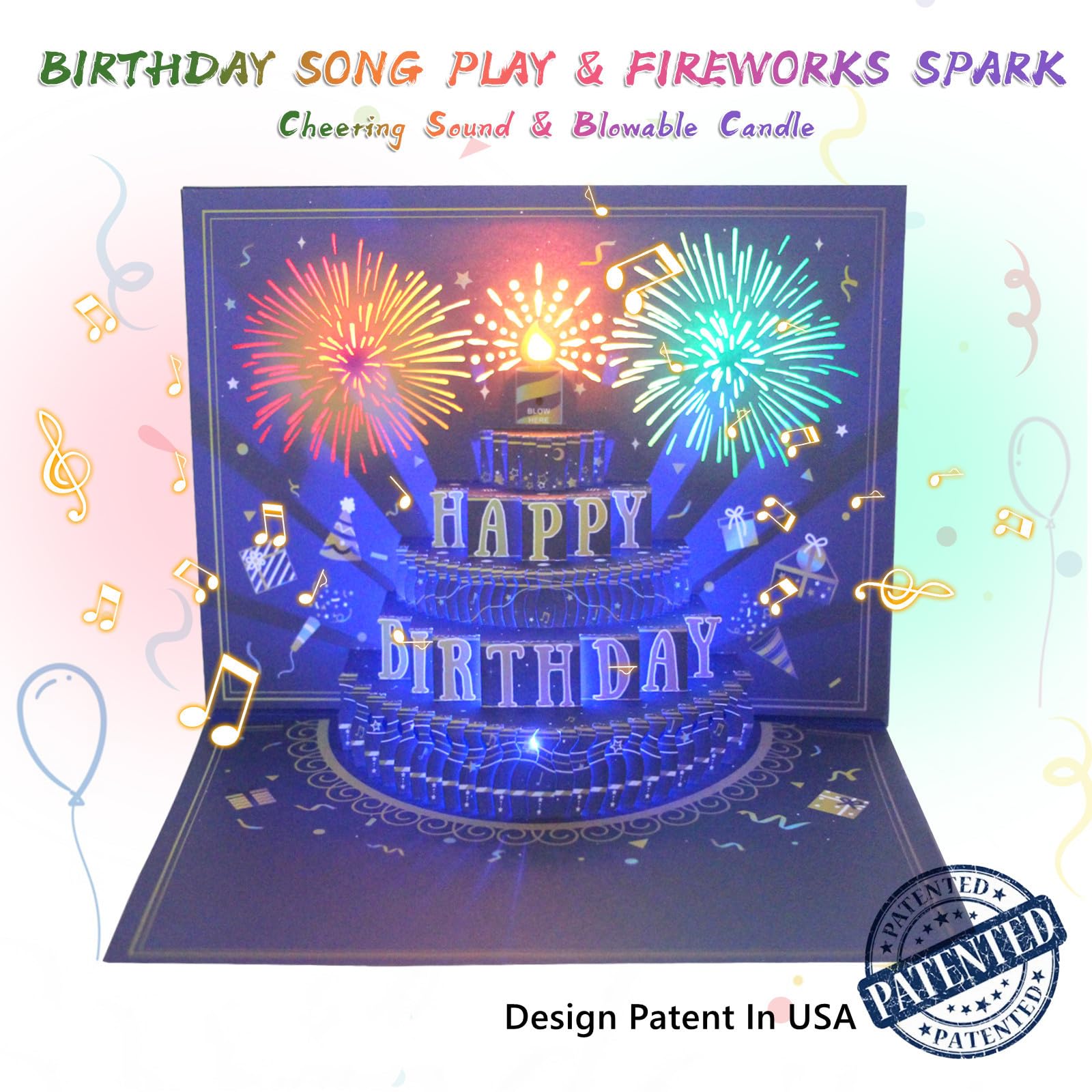 MZD8391 UPGRADED 3D Pop Up Firework Birthday Cards, Musical LED Lights Birthday Cards with Blowable Birthday Cake, Greeting Cards, Birthday Gifts for Mom Women Men Kids Child Dad Father Wife