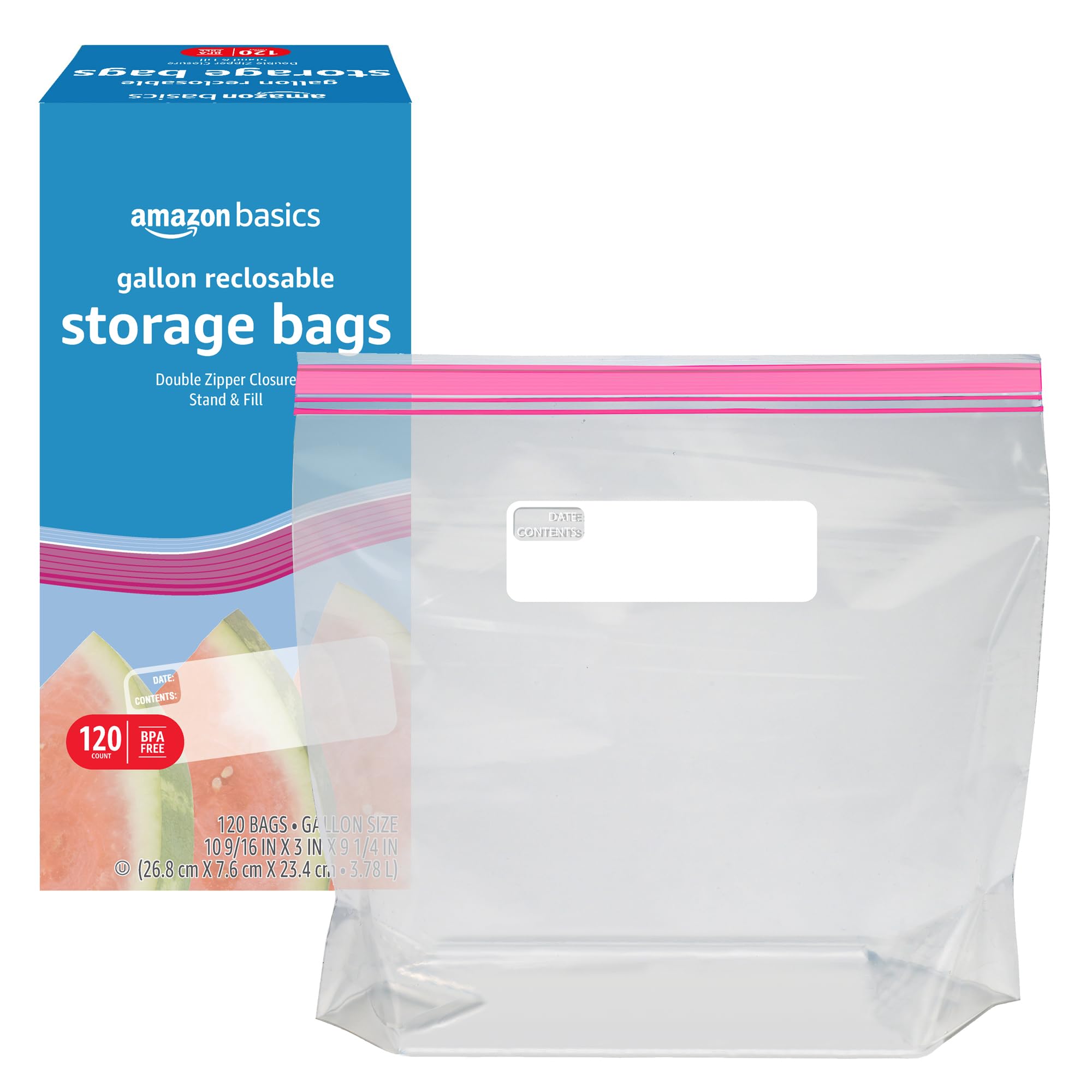 Amazon Basics Reclosable Gallon Food Storage Bags, BPA Free, 120 Count